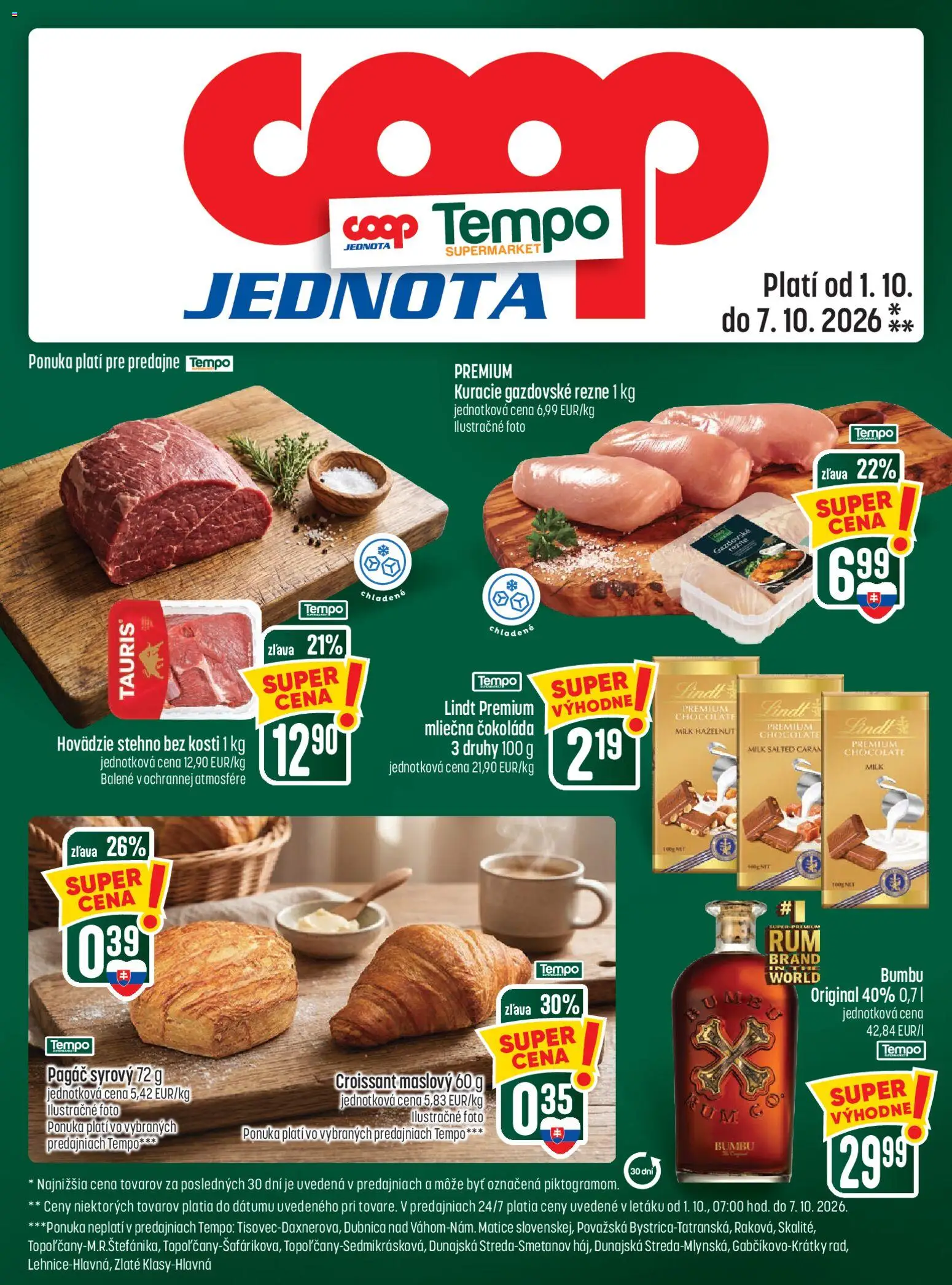 Náhľad COOP Jednota letáku platného od 01.10.2026 - Čokoláda, Croissant, Lindt, Rezne, Hovädzie stehno
