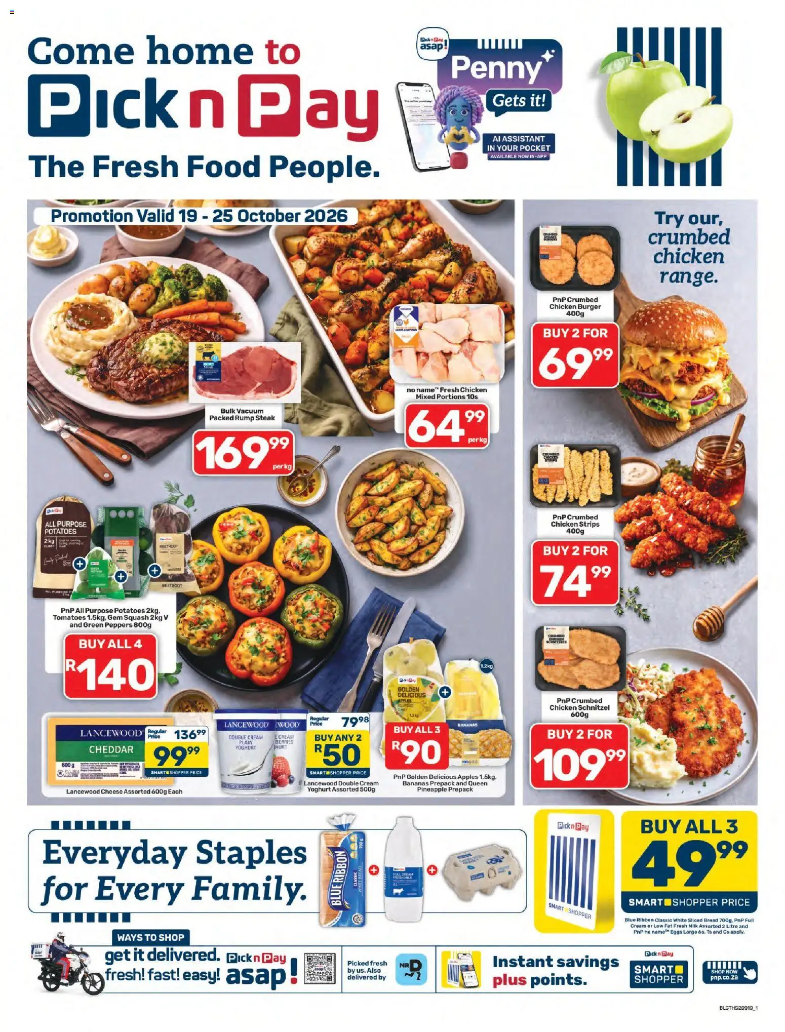 Preview of Pick n Pay flyer valid from 19/10/2026 - Chicken, Eggs, Milk, Cheese, Bananas, Pineapple, Rump steak, Tomatoes