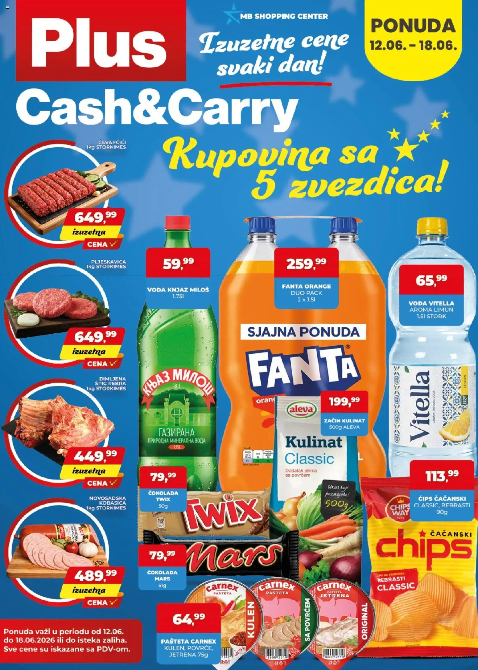 Pregled Plus Cash & Carry kataloga - važi od 12.06.2026 - Voda, Čokolada, Limun, Fanta, Twix, Pašteta, Čips, Kobasica