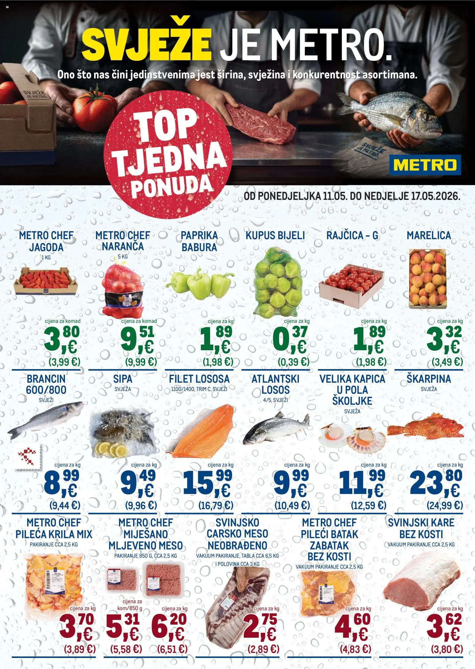 Pregled letka Metro Top tjedna ponuda trgovine Metro vrijedi od 11.05.2026 - Meso, Sipa, Losos, Rajčica, Carsko meso, Svinjski kare, Filet lososa, Pileća krila