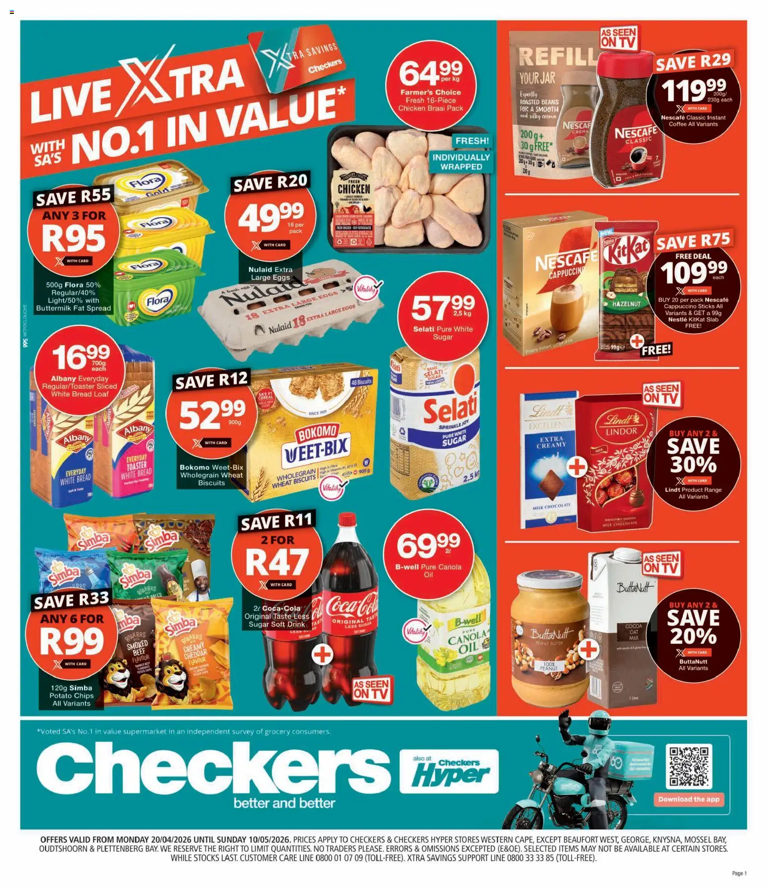 Preview of Checkers flyer valid from 20/04/2026 - TV, Chocolate, Eggs, Milk, Oil, Peanut butter, Beef, Spread