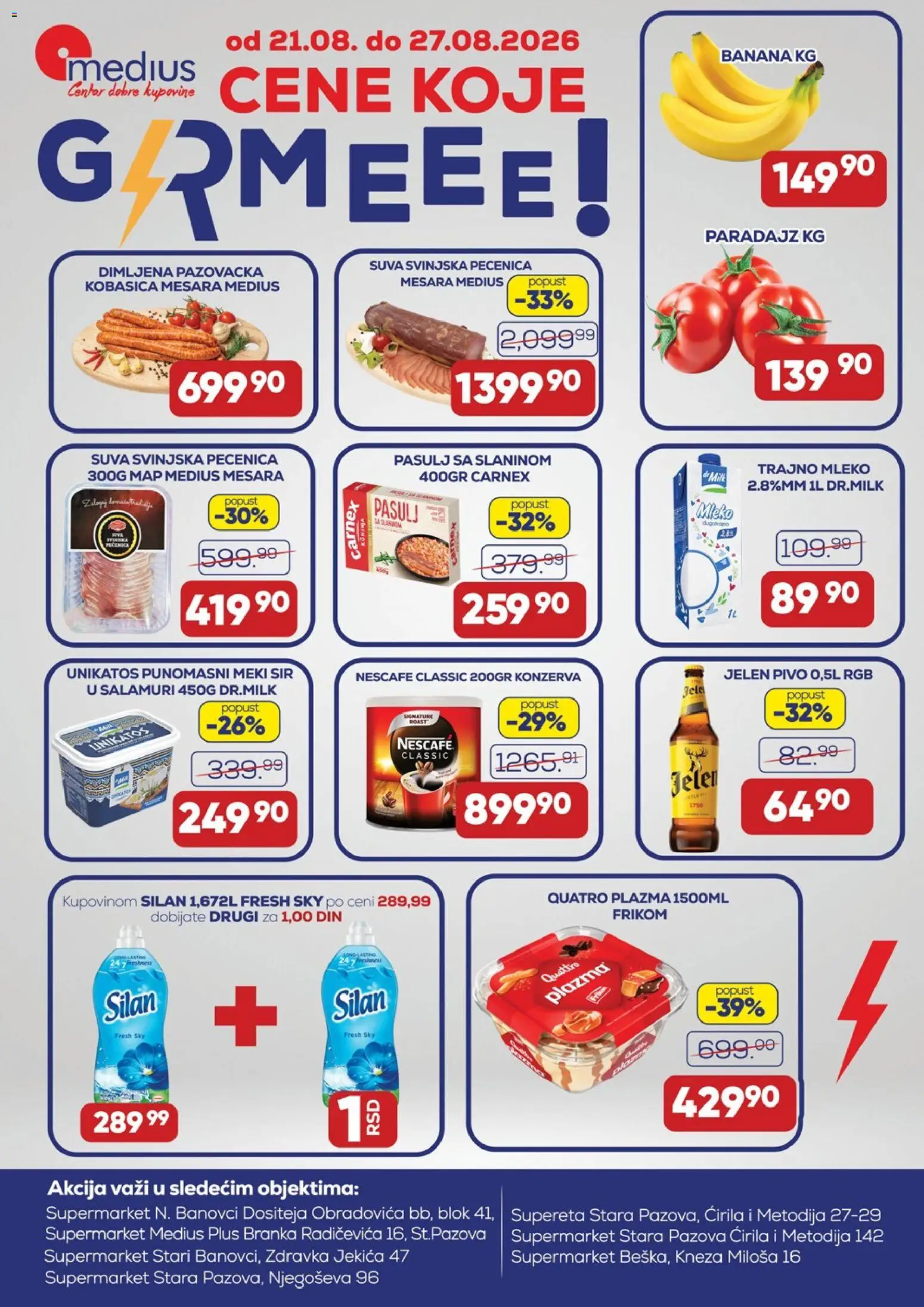 Pregled Medius kataloga - važi od 21.08.2026 - Pivo, Nescafé, Mleko, Sir, Kobasica, Pečenica, Meki sir, Suva svinjska pečenica
