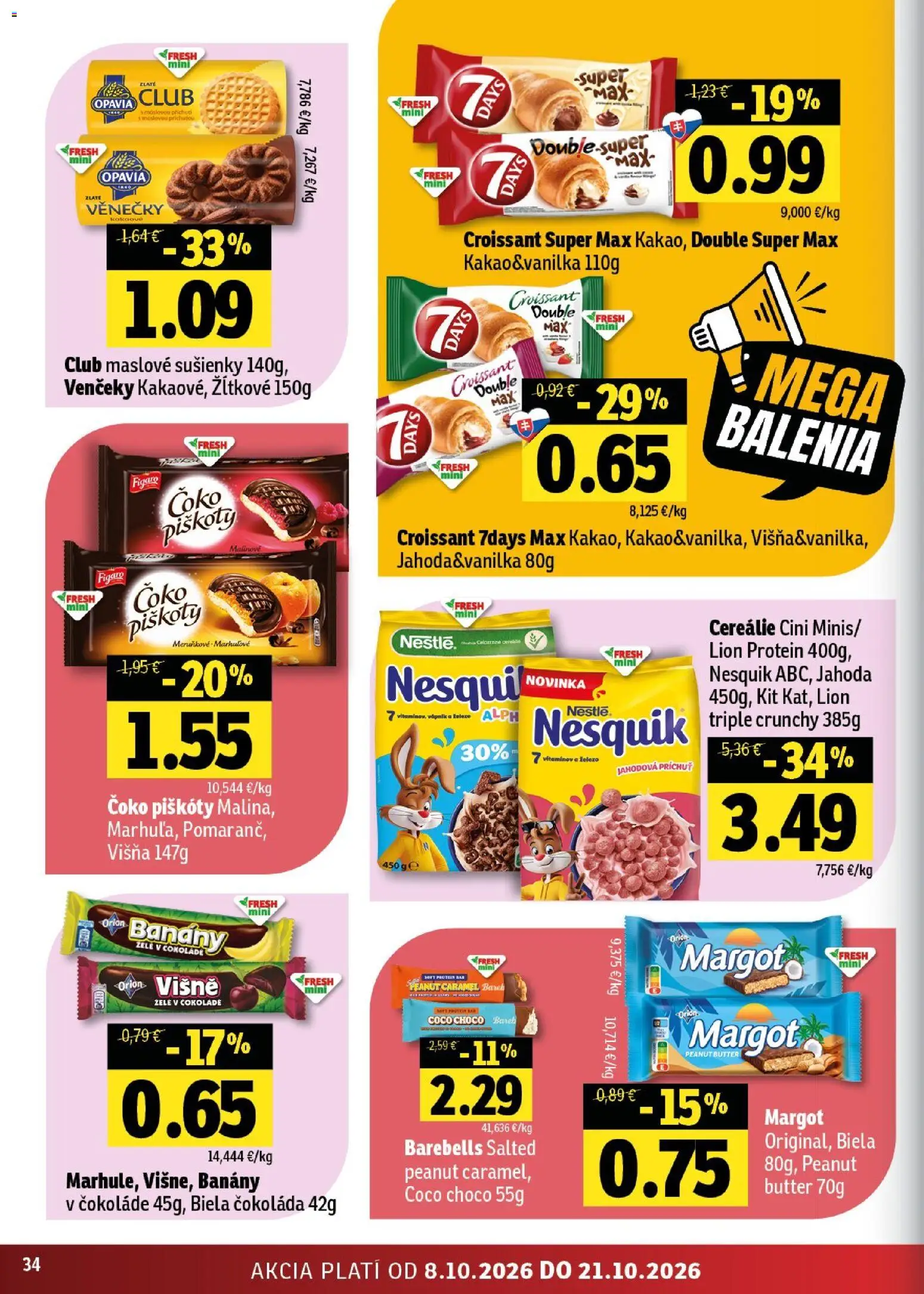 Náhľad Fresh letáku platného od 08.10.2026 - Protein, Čokoláda, Croissant, Biela čokoláda, Venčeky, Sušienky, Piškóty, Maslove sušienky