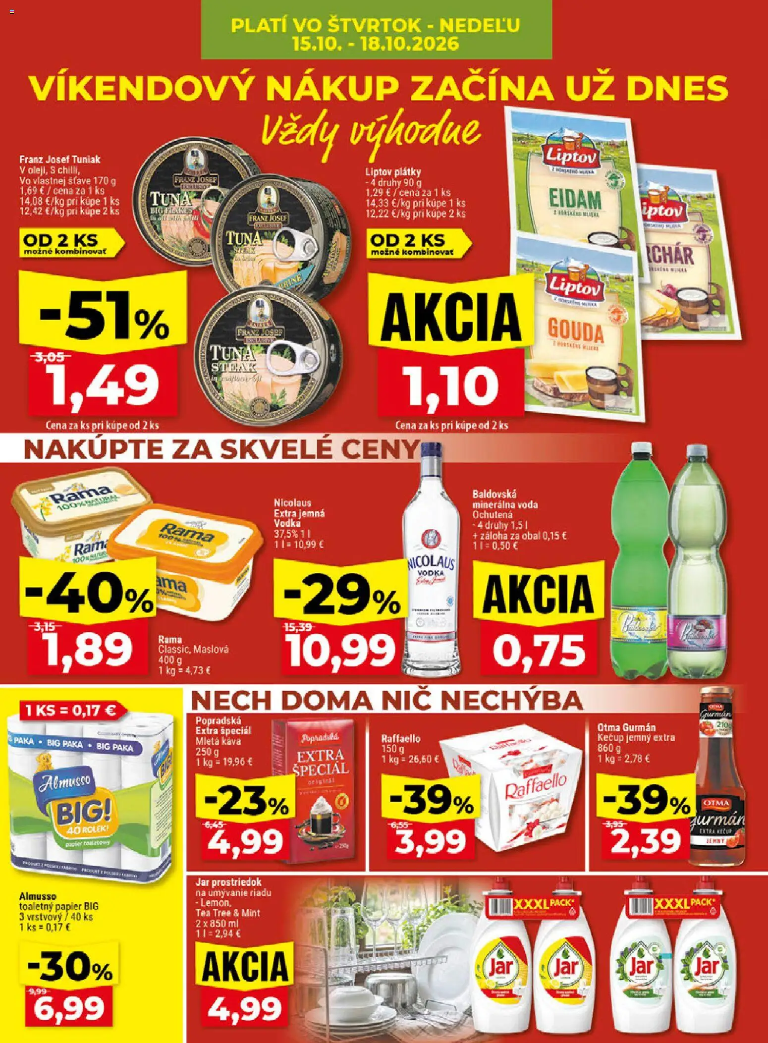 Náhľad Klas letáku platného od 12.10.2026 - Vodka, Tuniak, Toaletný papier, Raffaello, Kečup, Rama, Eidam, Mletá káva