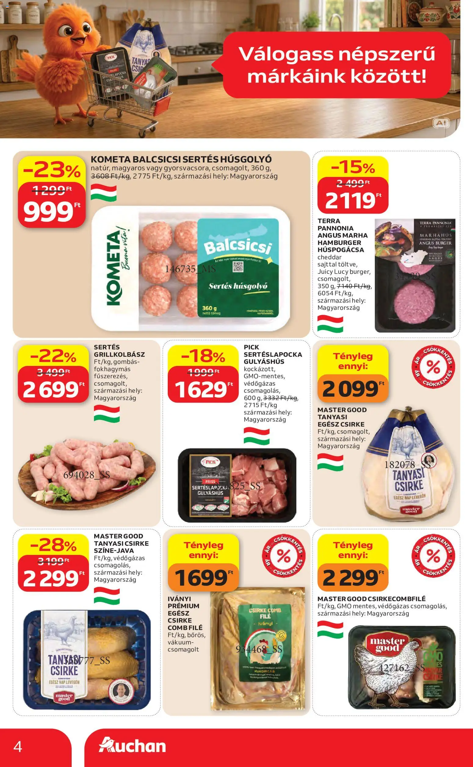 Auchan - Auchan Kedvenc Márkáink megtekintése, amely érvényes 2026.09.10.-től - Csirke, Pick, Cheddar, Sertéslapocka, Egész csirke, Gulyáshús, Sertés húsgolyó, Filé