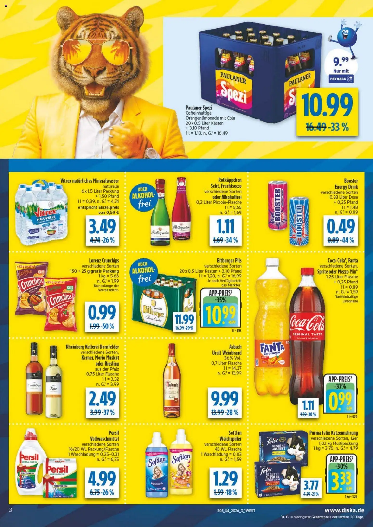 Vorschau von dem Prospekt des Geschäftes Diska, gültig ab dem 26.10.2026 - Cola, Orchidee, Rotkäppchen, Asbach, Fanta, Bitburger, Persil, Pils
