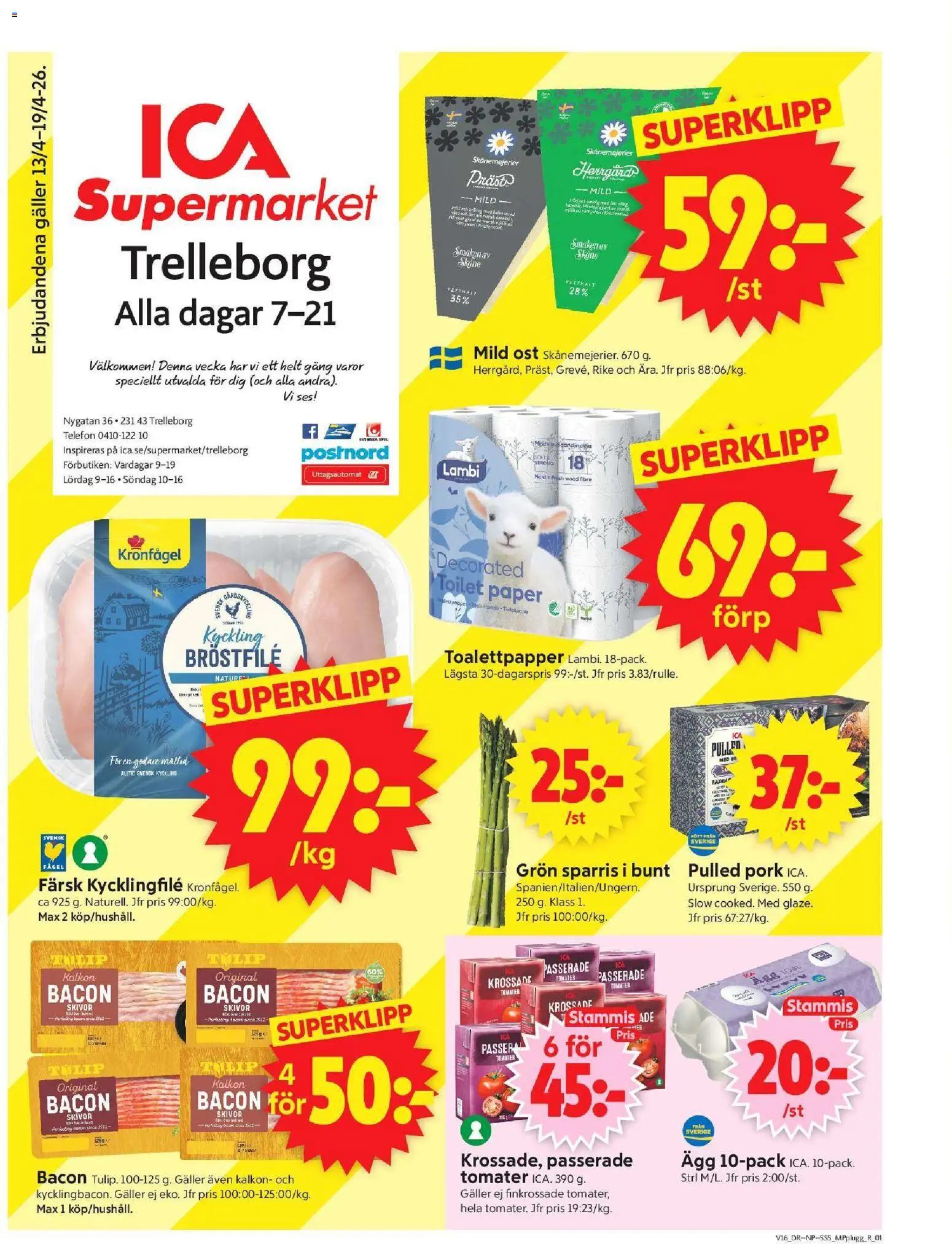 Förhandsgranska reklamblad Trelleborg från butik ICA Supermarket gäller från 13/04/2026 - Spel, Pulled pork, Ost, Kalkon, Kycklingfile, Sparris, Toalettpapper, Kyckling