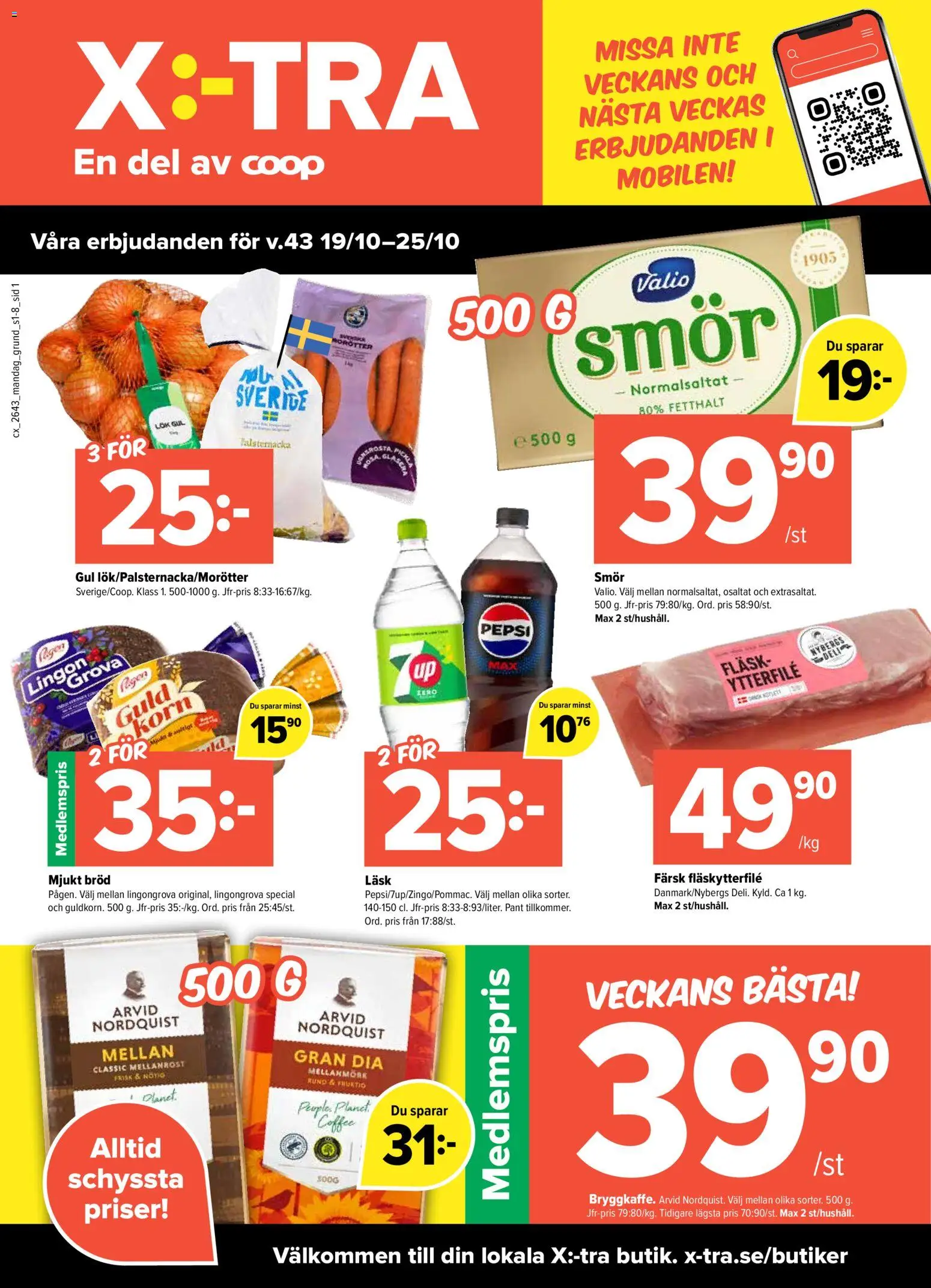Förhandsgranska reklamblad Coop X:-TRA erbjudanden från butik Coop X:-TRA gäller från 19/10/2026 - Bröd, Smör, Pepsi Max, Pepsi, Lingongrova, Fläsk, Fläskytterfilé