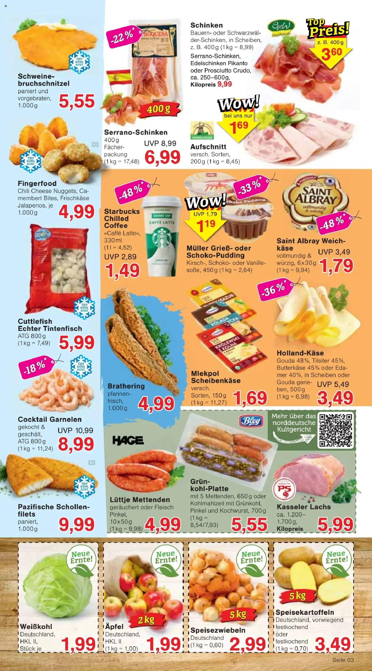 Vorschau von dem Prospekt des Geschäftes Jawoll, gültig ab dem 02.11.2026 - Starbucks, Käse, Äpfel, Fleisch, Tintenfisch, Pudding, Vanille, Grieß