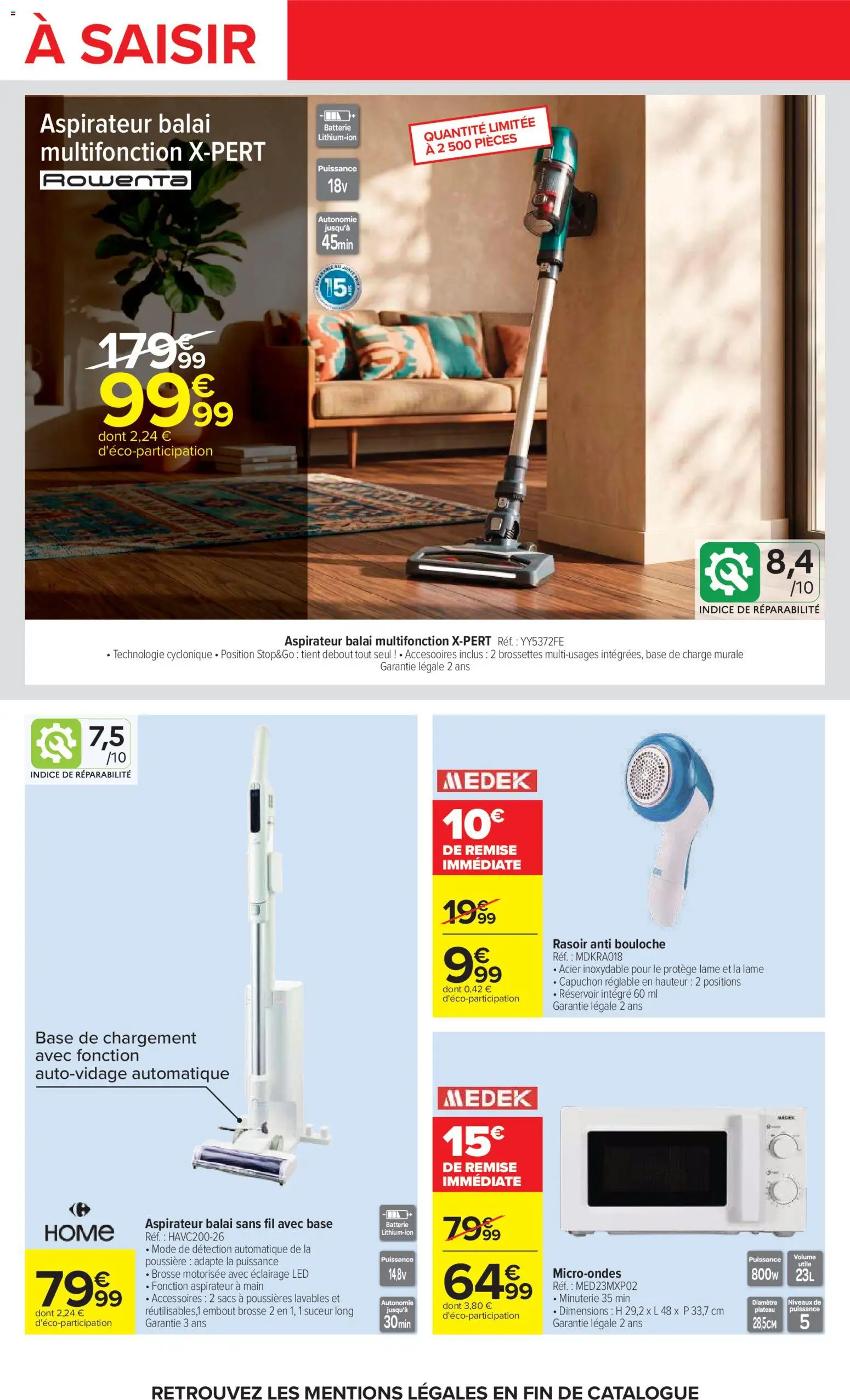 Prévisualisation de Carrefour catalogue du magasin Carrefour formulaire valide 20/10/2026 - Rowenta, Aspirateur balai sans fil, Balai, Plateau, Rasoir, Base, Éclairage, Rasoir anti-bouloche