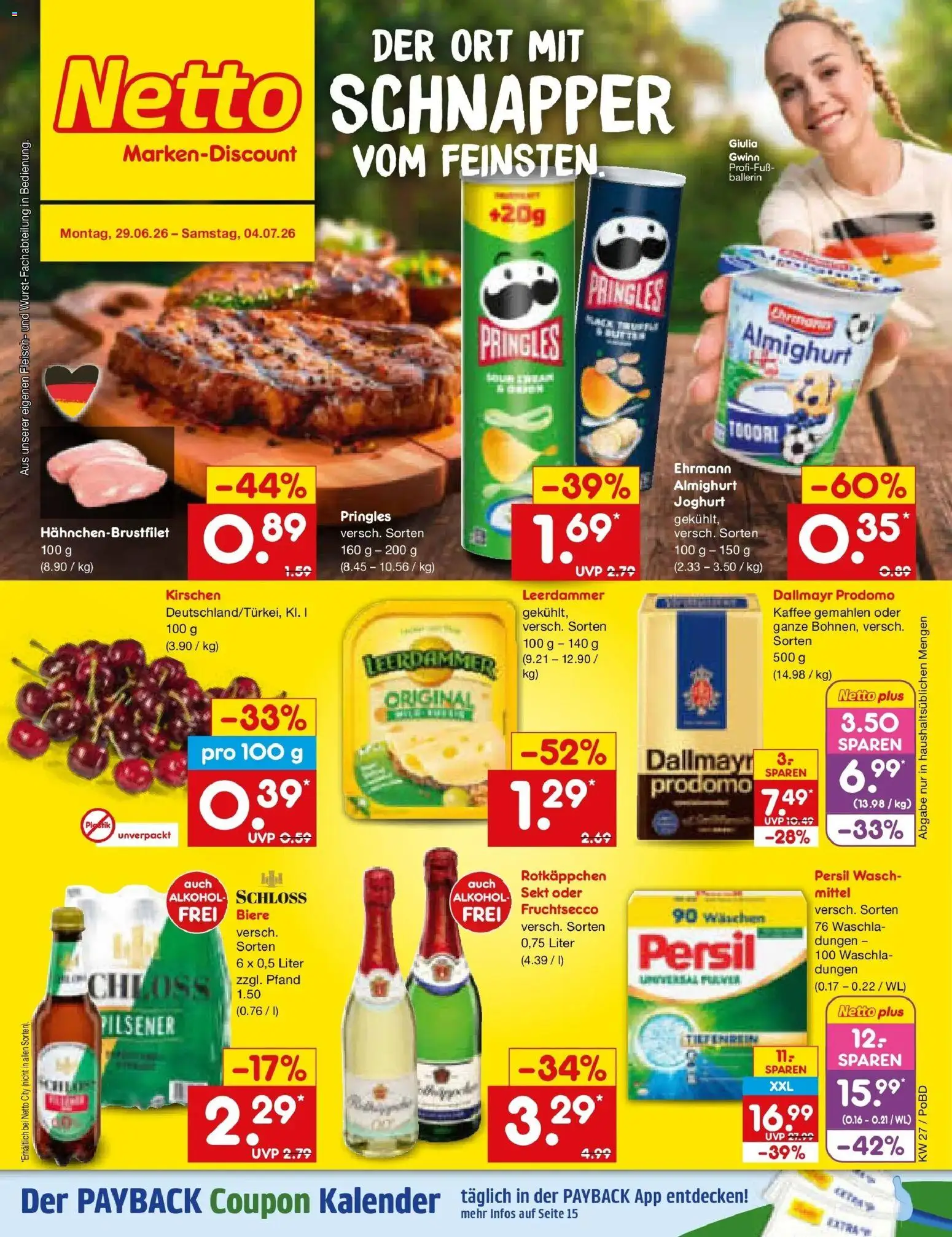 Vorschau von dem Prospekt des Geschäftes Netto Marken-Discount, gültig ab dem 29.06.2026 - Kaffee, Alkohol, Rotkäppchen, Fleisch, Kirschen, Sekt, Persil, Leerdammer