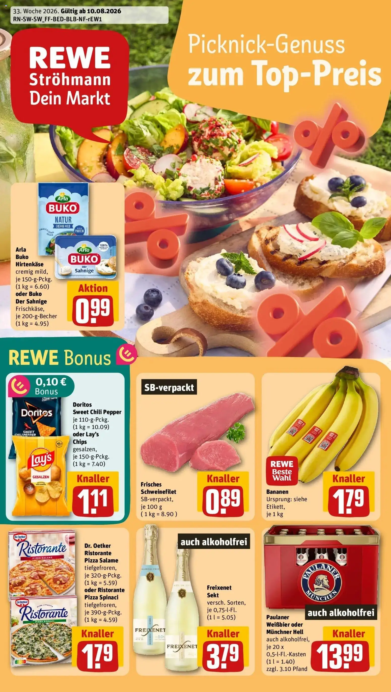 Vorschau von dem Prospekt des Geschäftes Rewe, gültig ab dem 10.08.2026 - Chips, Schweinefilet, Paulaner, Chili, Sekt, Freixenet, Weißbier, Arla buko