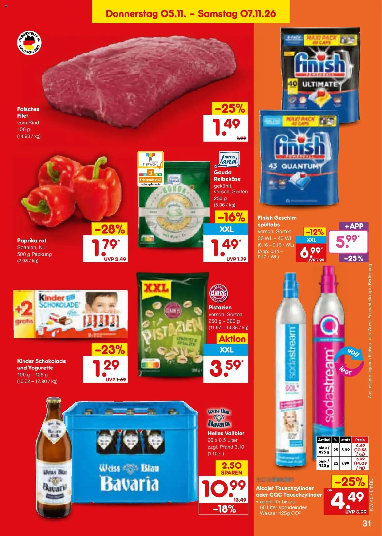 Vorschau von dem Prospekt des Geschäftes Netto Marken-Discount, gültig ab dem 02.11.2026 - Wasser, Schokolade, Sodastream, Pistazien, Gouda, Paprika rot, Reibekase, Kinder schokolade