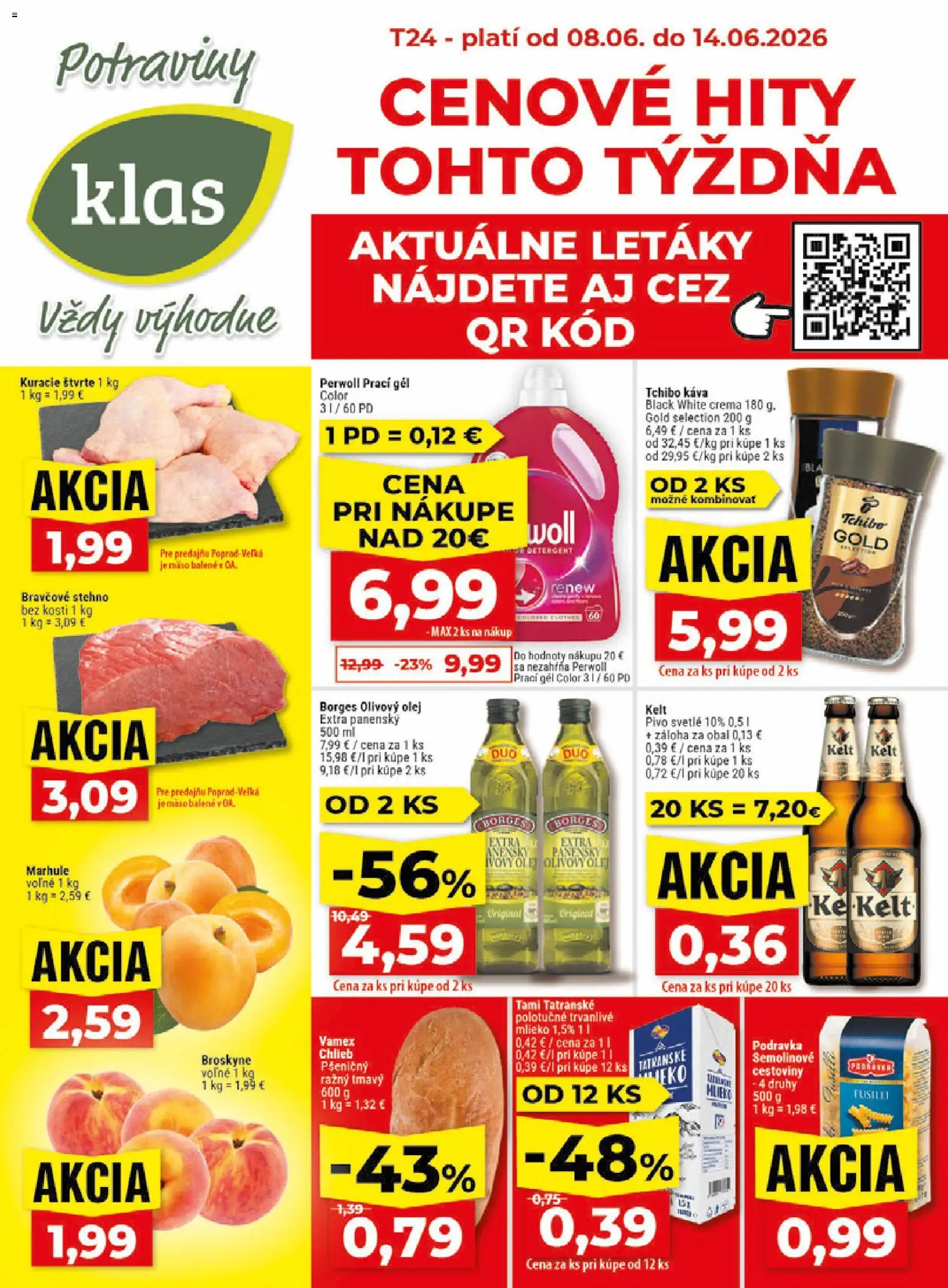 Náhľad Klas letáku platného od 08.06.2026 - Káva, Mäso, Cestoviny, Olej, Mlieko, Perwoll, Bravčové stehno, Kelt