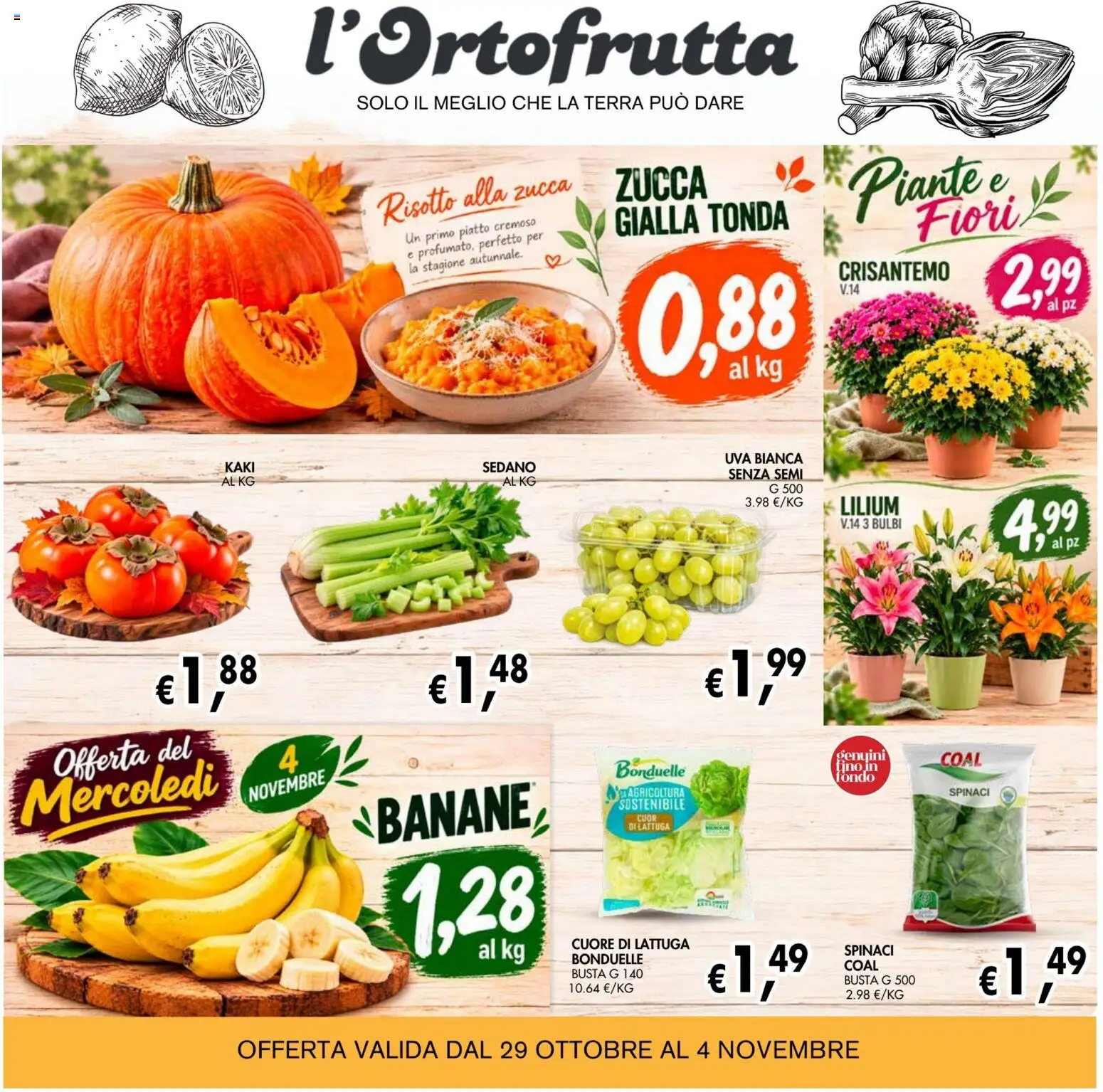 Anteprima dell'opuscolo Coal volantino èccoMi Cesena dal negozio Coal valido da 22/10/2026 - Fiori, Zucca, Piatto, Sedano, Spinaci, Uva, Lattuga, Banane