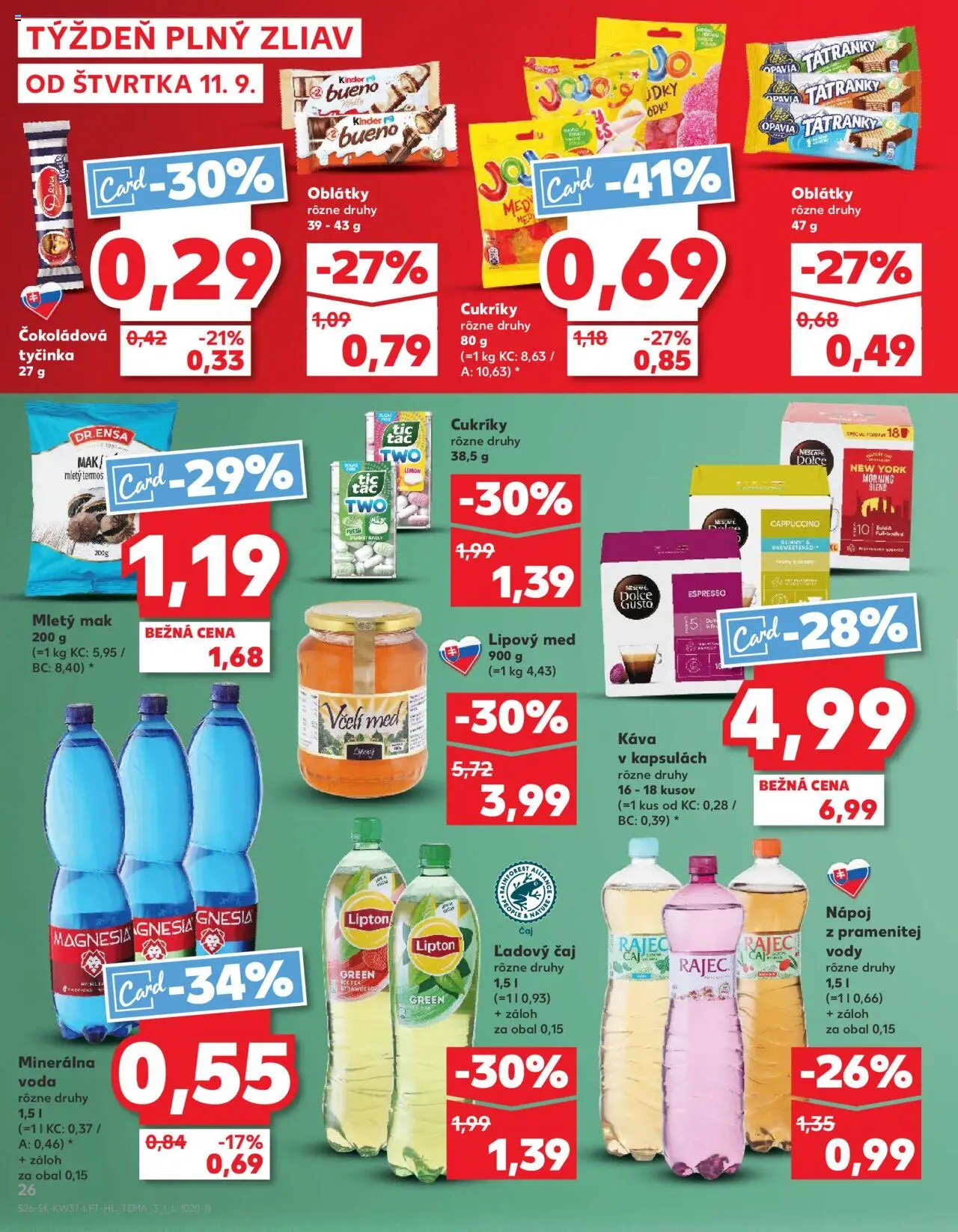 Náhľad Kaufland letáku platného od 11.09.2025 - Med, Káva, Voda, Čaj, Kinder, Cukríky, Magnesia, Minerálna voda