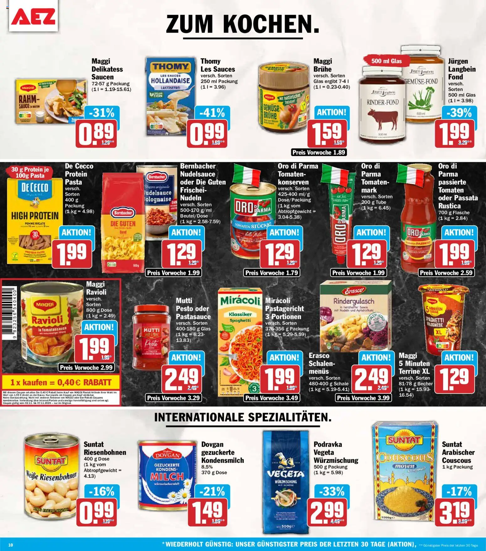 Vorschau von dem Prospekt des Geschäftes AEZ, gültig ab dem 02.11.2026 - Spaghetti, Maggi, Nudeln, Milch, Rindergulasch, Kondensmilch, Tomaten, Oro di parma
