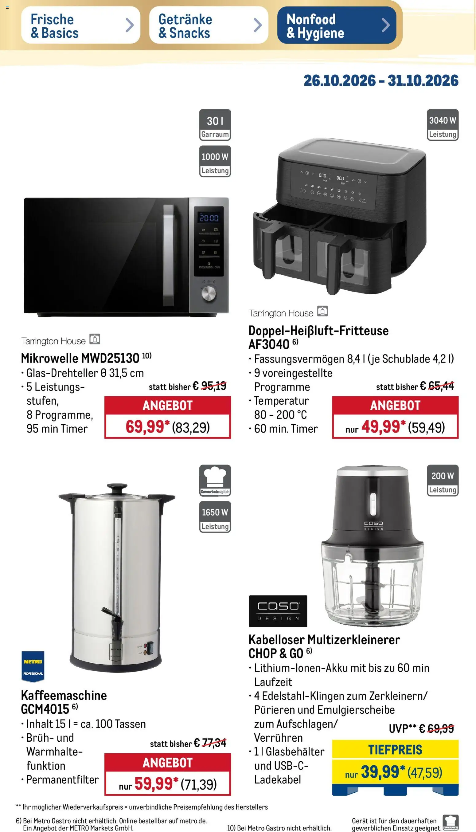 Vorschau von dem Prospekt des Geschäftes Metro, gültig ab dem 26.10.2026 - Kaffeemaschine, Mikrowelle, Ladekabel