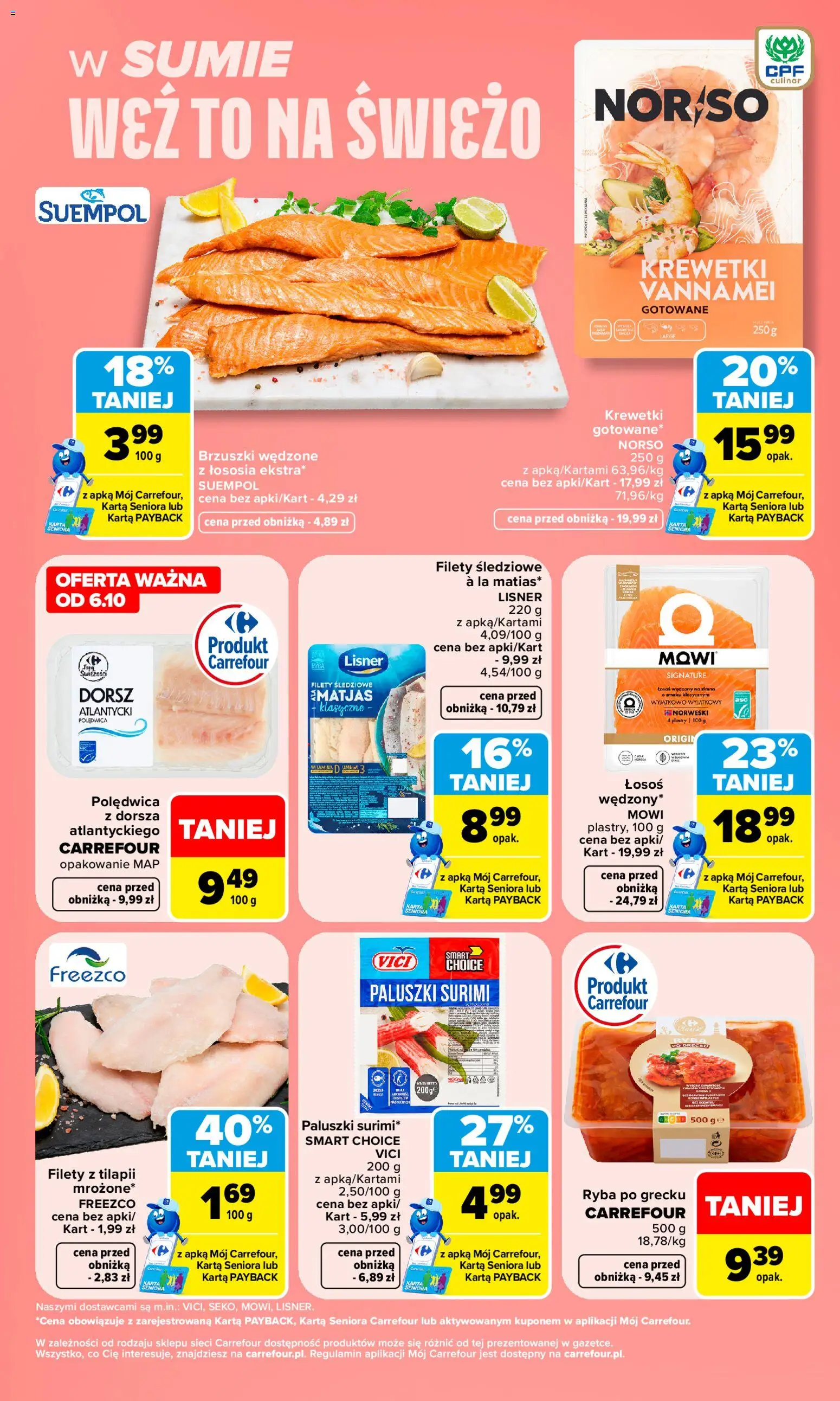 Pogląd gazetki "Carrefour gazetka - Weź to na świeżo" ze sklepu Carrefour ważnej od 05.10.2026 - Ryba, Krewetki, Dorsz, Łosoś, Karta, Paluszki, Łosoś wędzony, Paluszki surimi