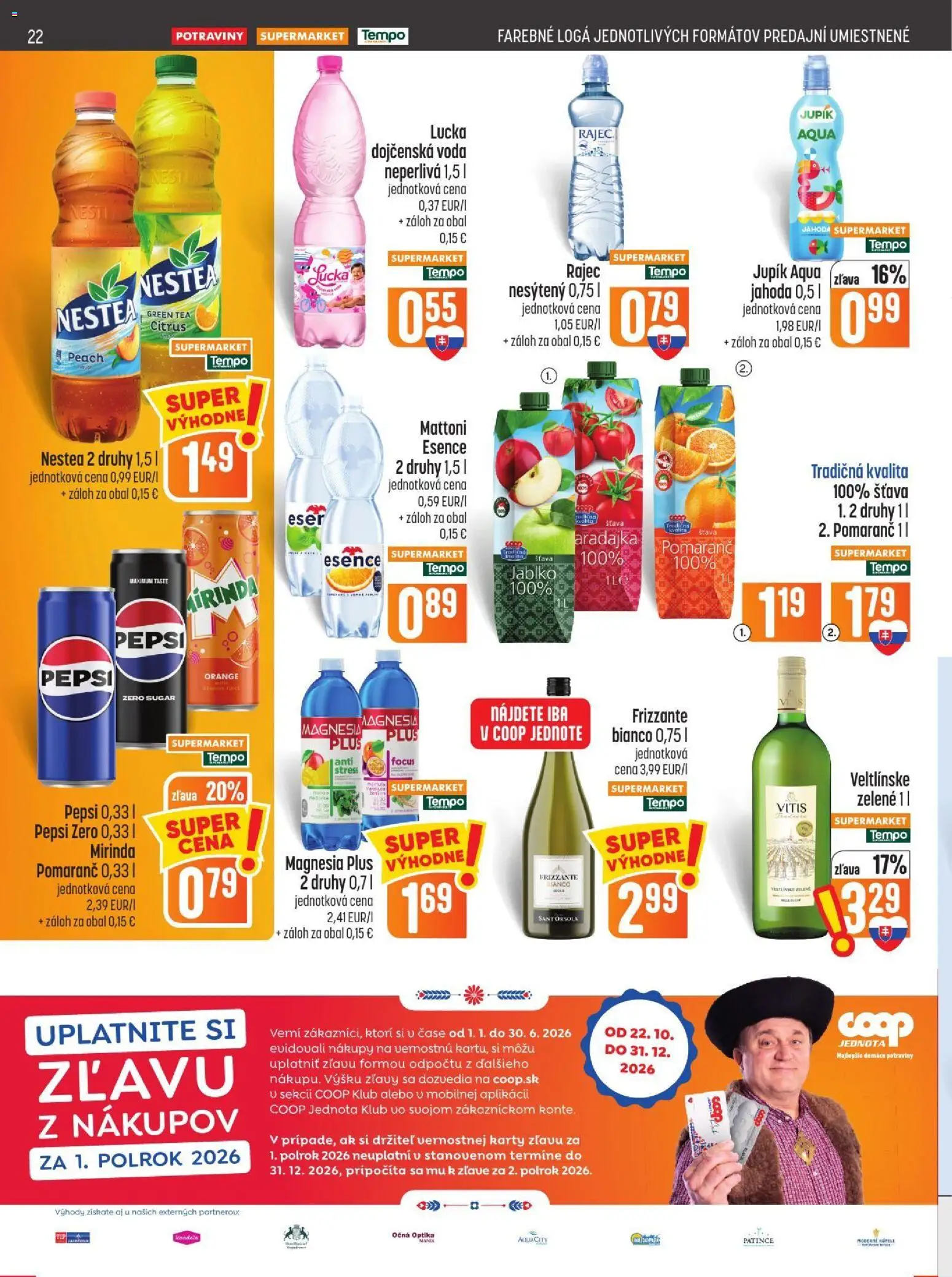 Náhľad COOP Jednota letáku platného od 29.10.2026 - Pepsi, Mattoni, Lucka, Magnesia, Mirinda, Pepsi Zero, Dojčenská voda, Šťava