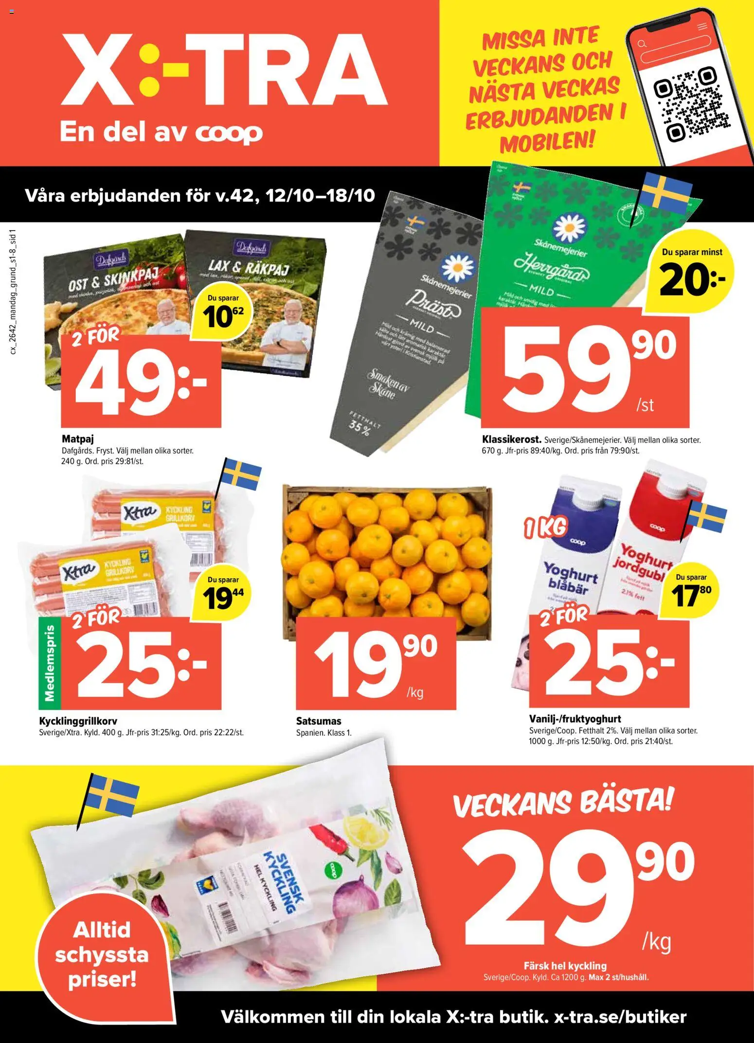 Förhandsgranska reklamblad Coop X:-TRA erbjudanden från butik Coop X:-TRA gäller från 12/10/2026 - Lax, Ost, Blåbär, Yoghurt, Hel kyckling, Kyckling