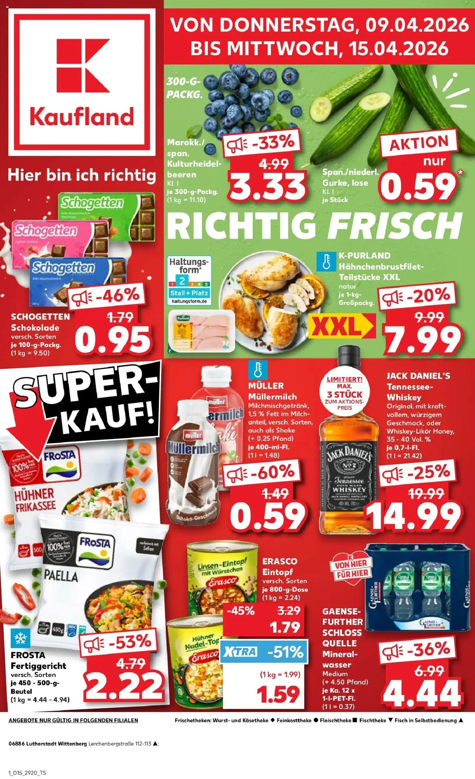 Vorschau von dem Prospekt des Geschäftes Kaufland, gültig ab dem 08.04.2026 - Schokolade, Fisch, Mineralwasser, Milch, Frosta, Whiskey, Schogetten, Muller mullermilch
