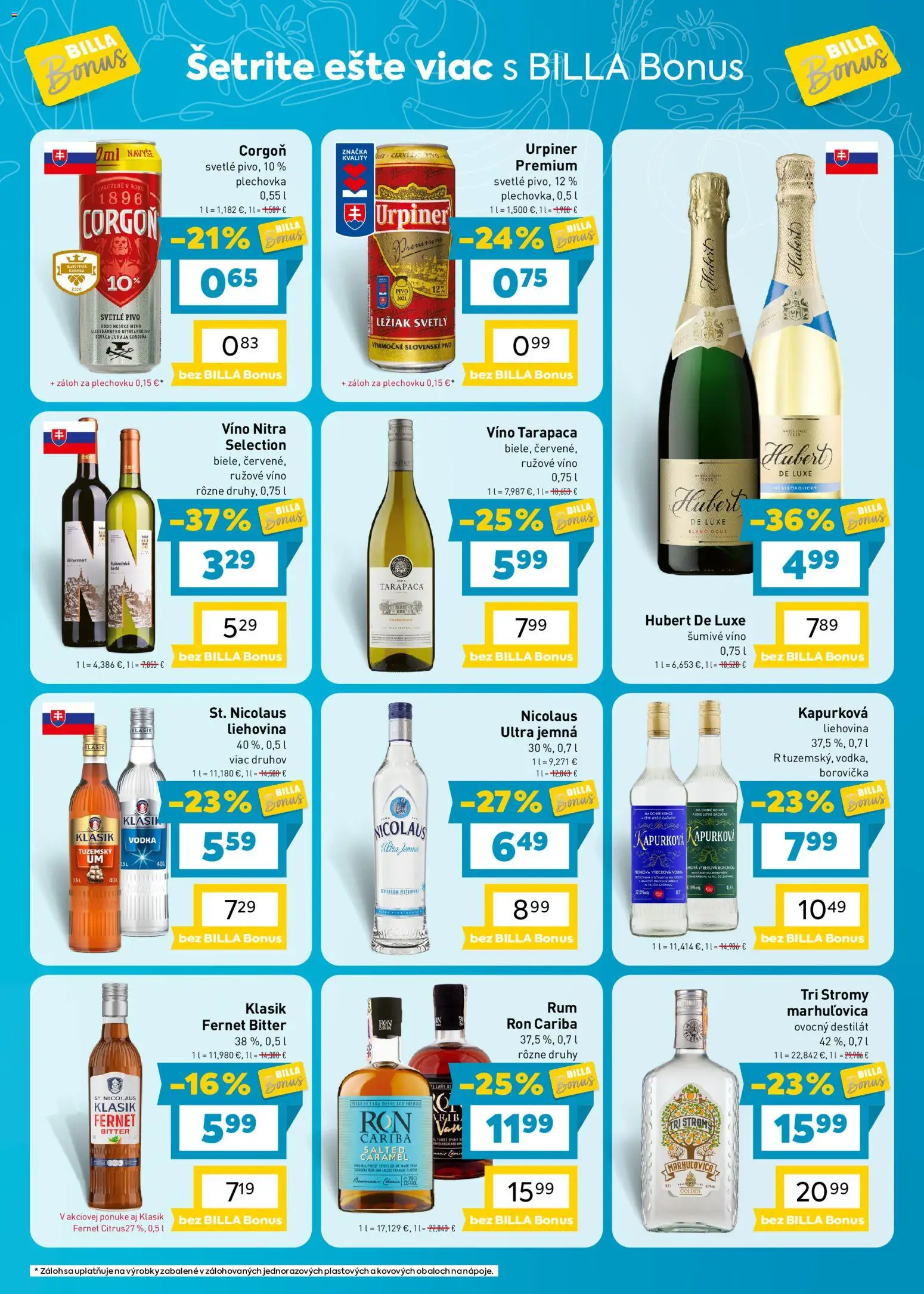 Náhľad Billa letáku platného od 09.09.2026 - Pivo, Víno, Rum, Vodka, Borovička, Hubert de Luxe, Fernet, Urpiner