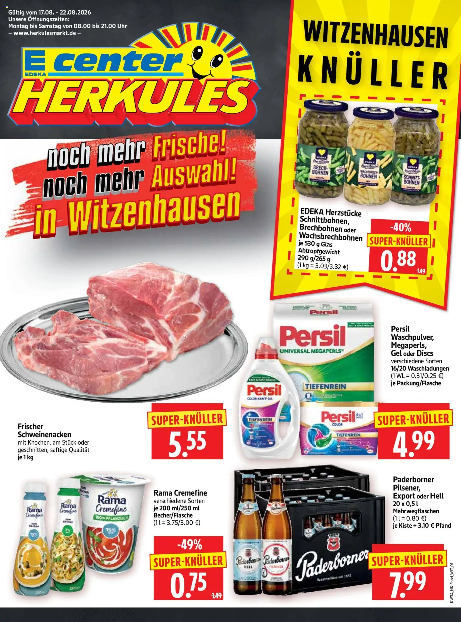 Vorschau von dem Prospekt des Geschäftes HERKULES, gültig ab dem 17.08.2026 - Uhr, Persil, Rama, Schweinenacken, Rama cremefine