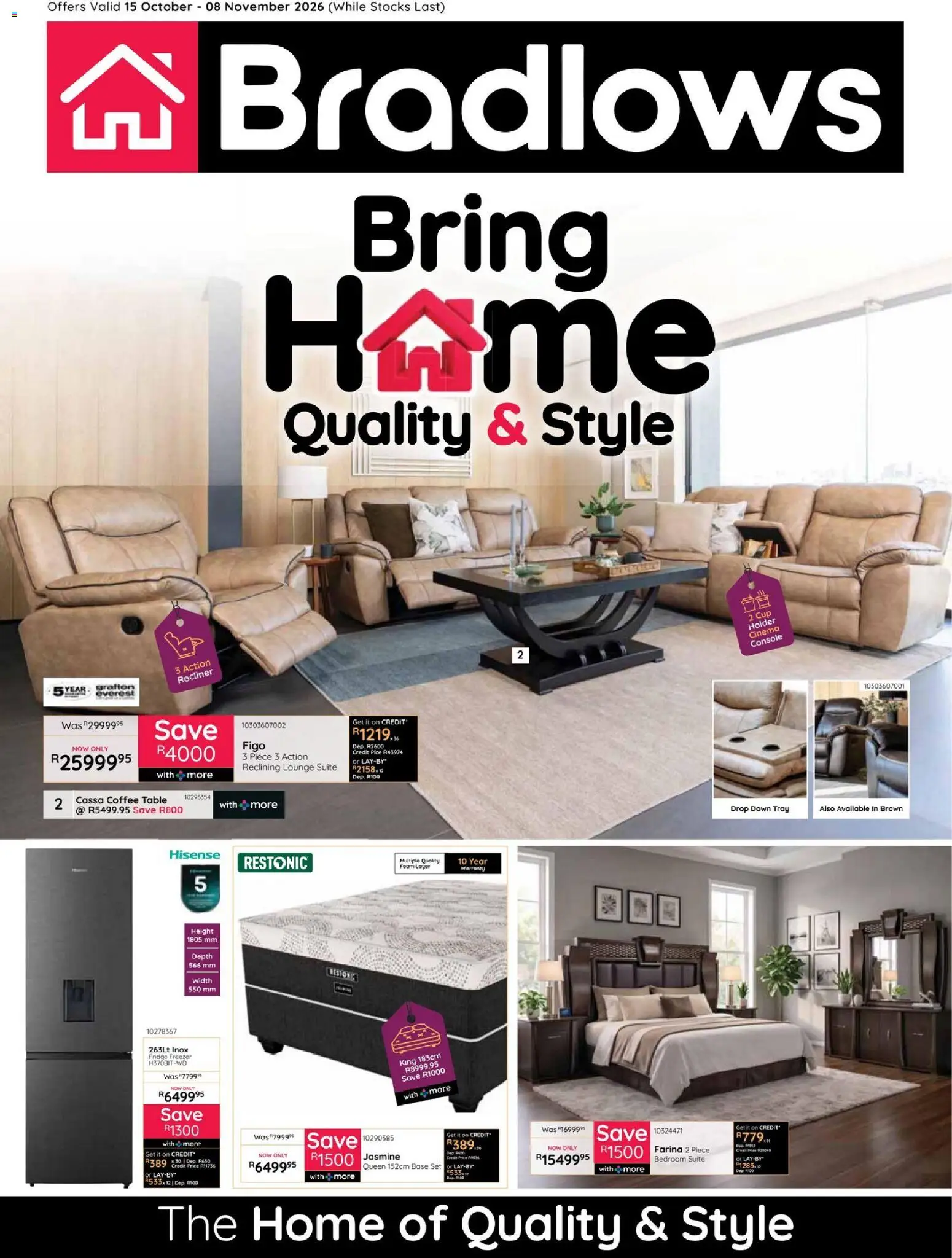 Preview of Bradlows flyer valid from 15/10/2026 - Coffee, Fridge, Coffee table, Lounge suite, Freezer, Tray, Foam, Table