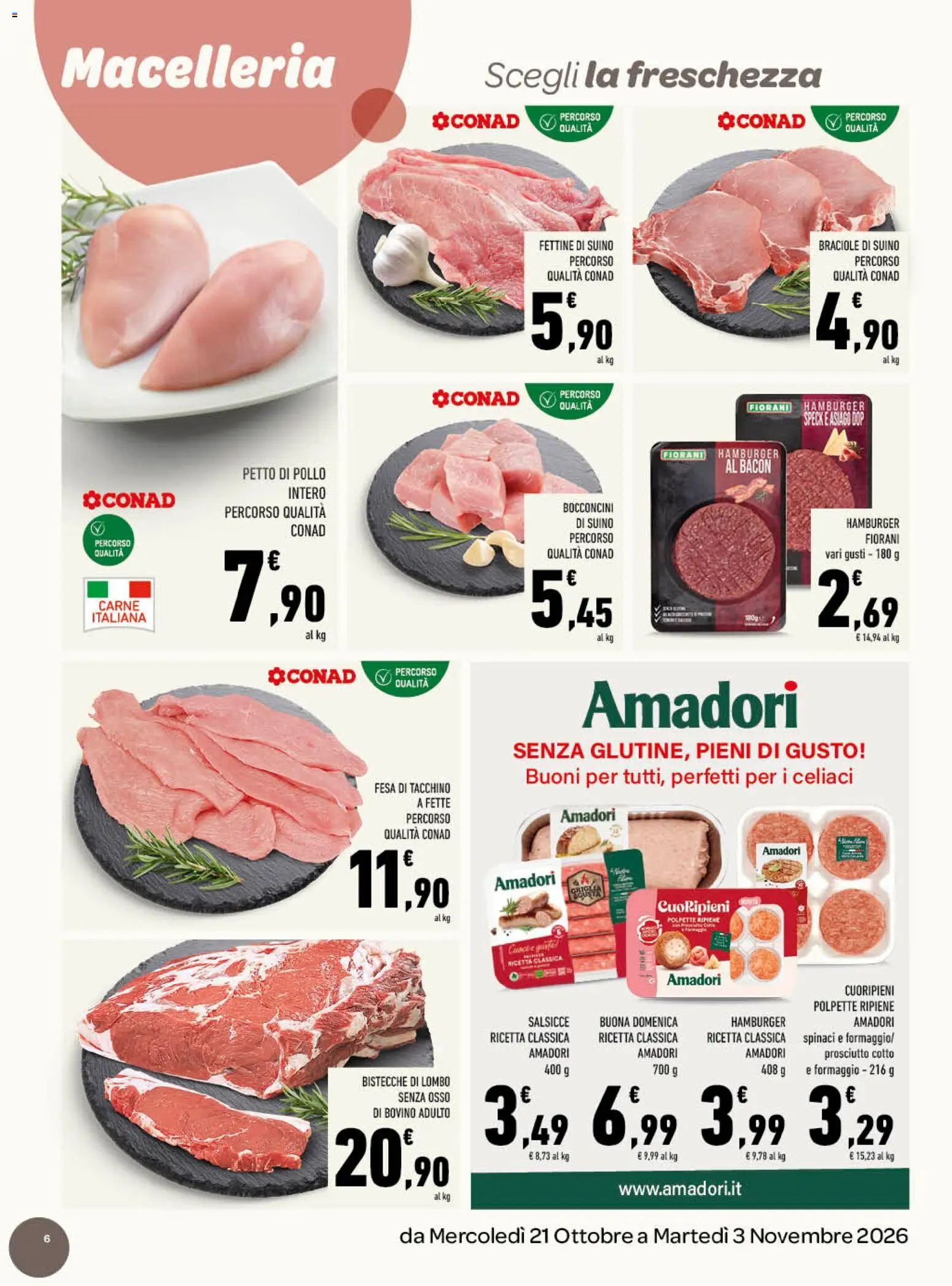Anteprima dell'opuscolo Conad volantino Cena d'autore gourmet Lazio dal negozio Conad valido da 21/10/2026 - Hamburger, Carne, Polpette, Formaggio, Prosciutto, Bovino, Petto di Pollo, Suino