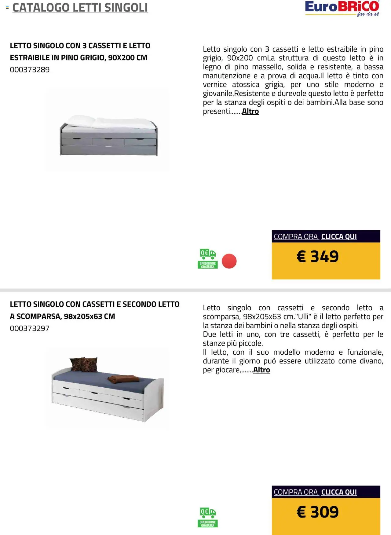 Anteprima dell'opuscolo Volantino Letti Singoli dal negozio Eurobrico valido da 23/07/2025 - Letto