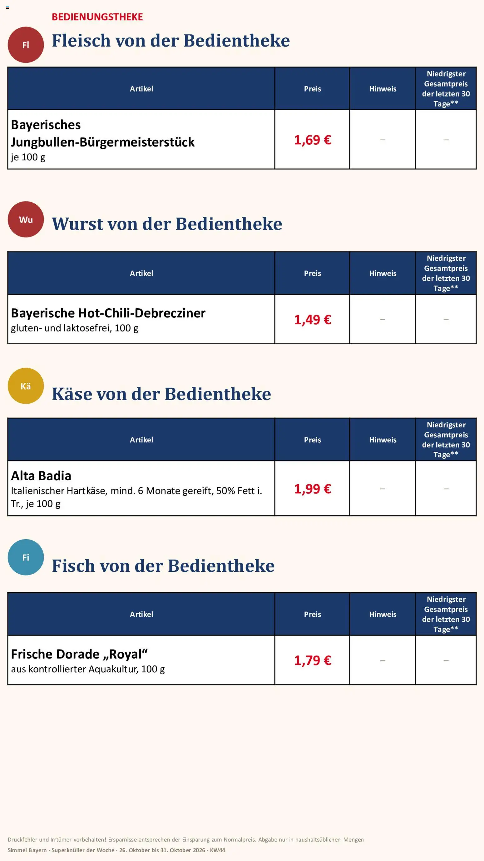 Vorschau von dem Prospekt des Geschäftes Simmel, gültig ab dem 26.10.2026 - Käse, Fisch, Wurst, Fleisch, Dorade