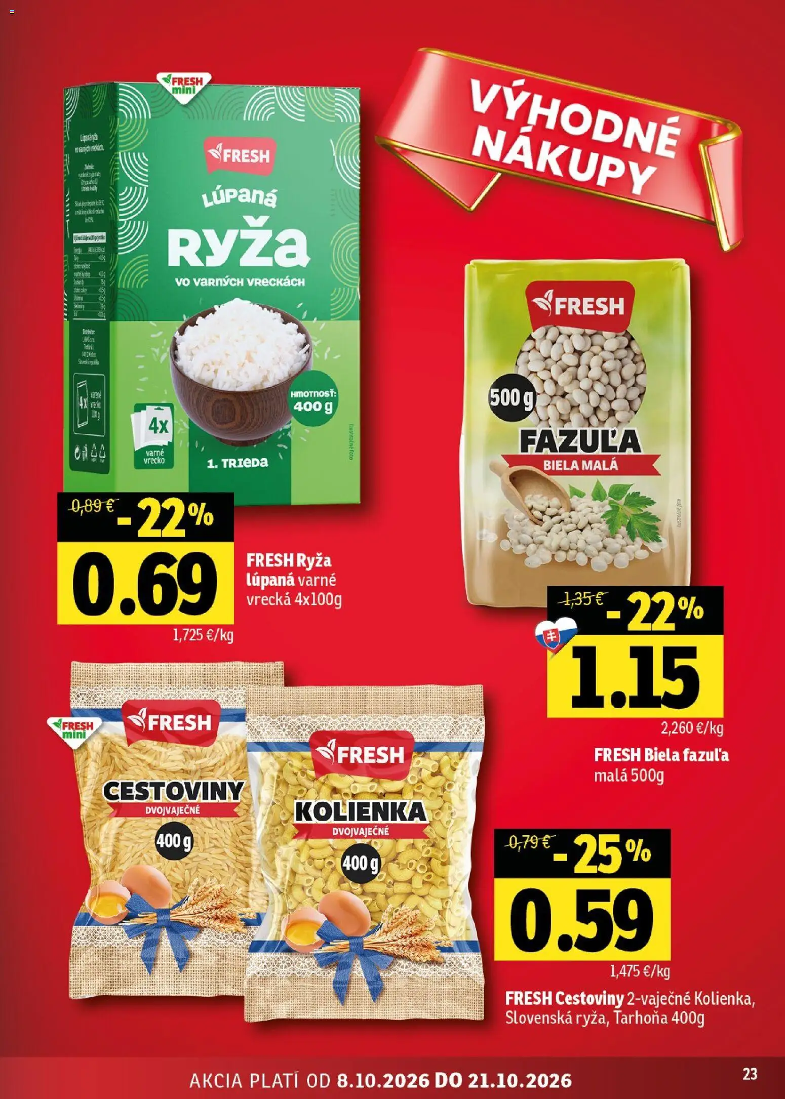Náhľad Fresh letáku platného od 08.10.2026 - Cestoviny, Ryža, Tarhoňa, Fazuľa