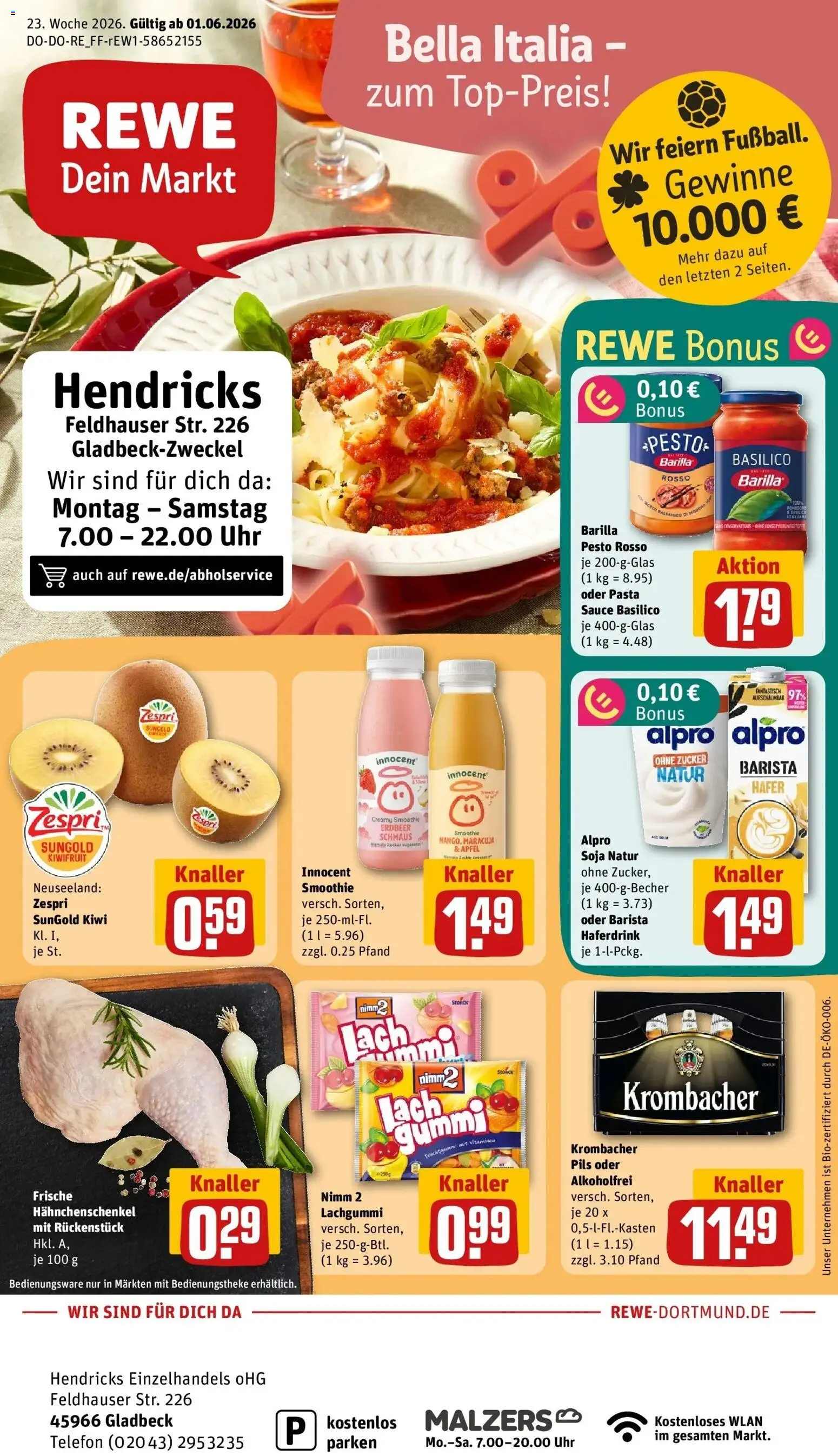 Vorschau von dem Prospekt des Geschäftes Rewe, gültig ab dem 01.06.2026 - Uhr, Telefon, Pasta, Äpfel, Krombacher, Hahnchenschenkel, Barilla pesto, Alpro