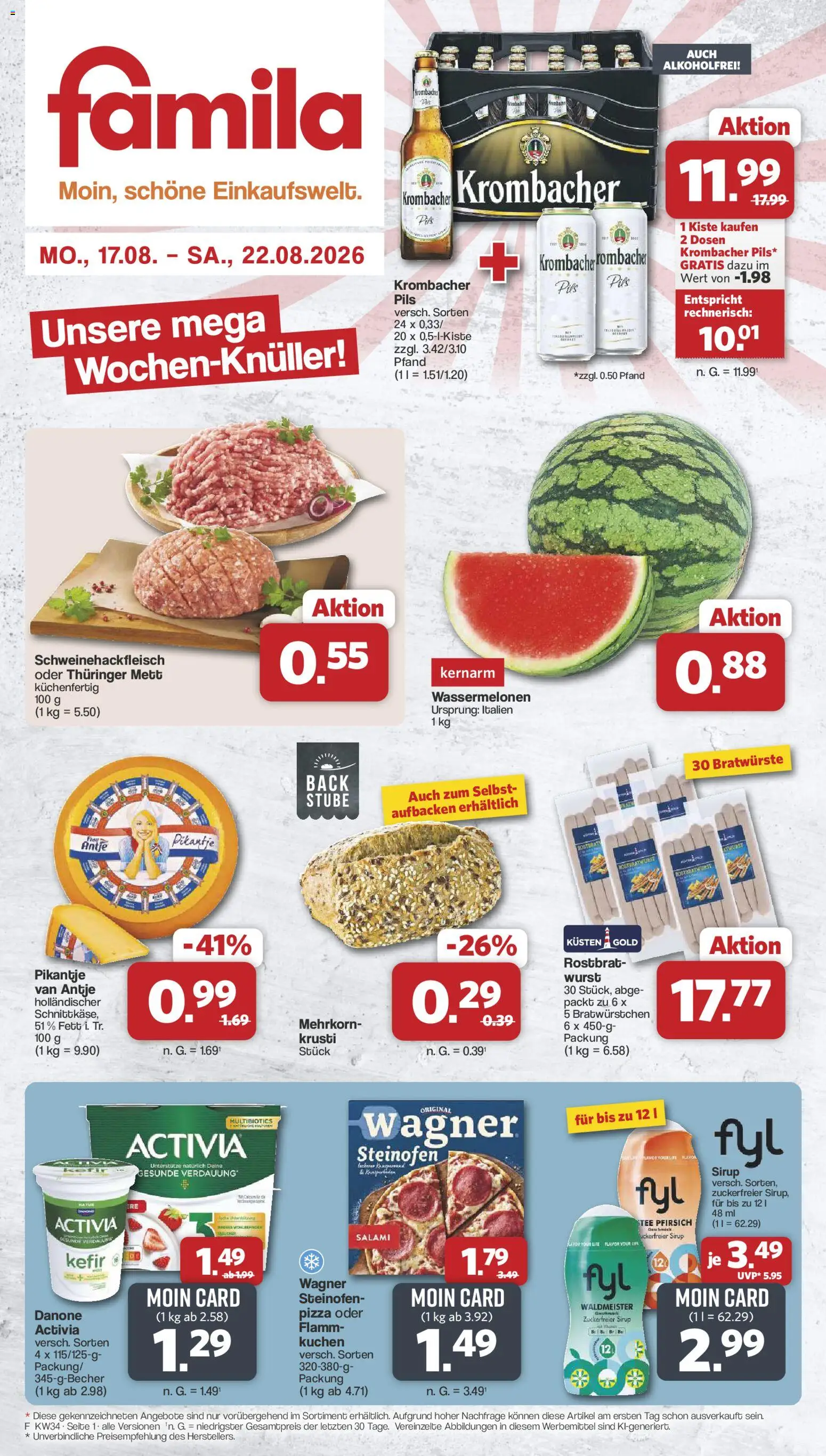 Vorschau von dem Prospekt des Geschäftes Famila Nordwest, gültig ab dem 17.08.2026 - Wurst, Tee, Kefir, Krombacher, Pfirsich, Salami, Sirup, Activia