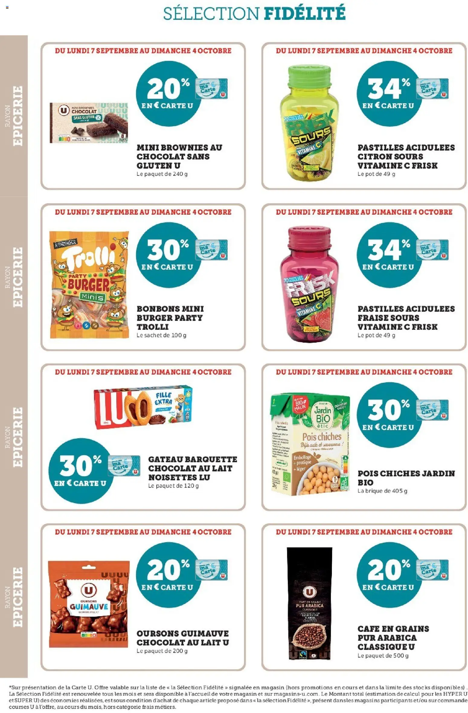 Prévisualisation de Super U - Ma sélection Carte U Septembre du magasin Super U formulaire valide 07/09/2026 - Chocolat, Brownies, Bonbons, Pois chiches, Citron, Pois, Chocolat au lait, Noisettes