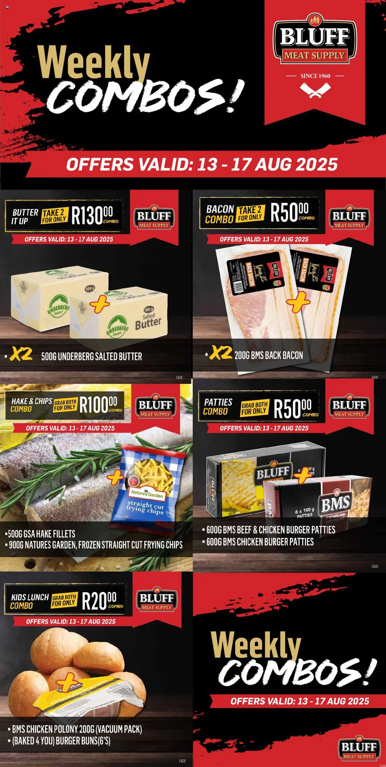 Preview of Bluff Meat Supply flyer valid from 13/08/2025 - Chicken, Butter, Chips, Beef, Bacon, Polony