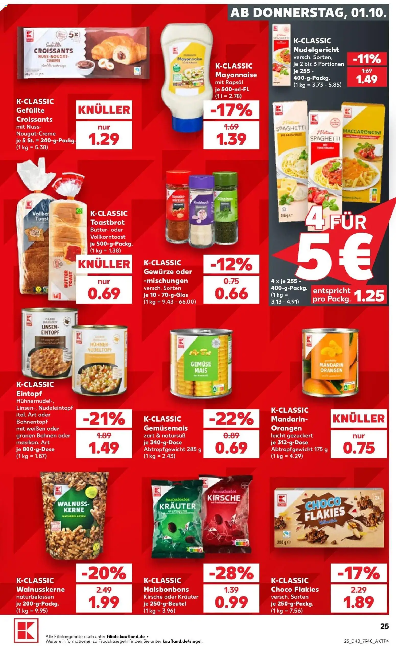 Vorschau von dem Prospekt des Geschäftes Kaufland, gültig ab dem 01.10.2026 - Spaghetti, Gewürze, Gemüse, Mayonnaise, Rapsöl, Toastbrot, Toast, Creme