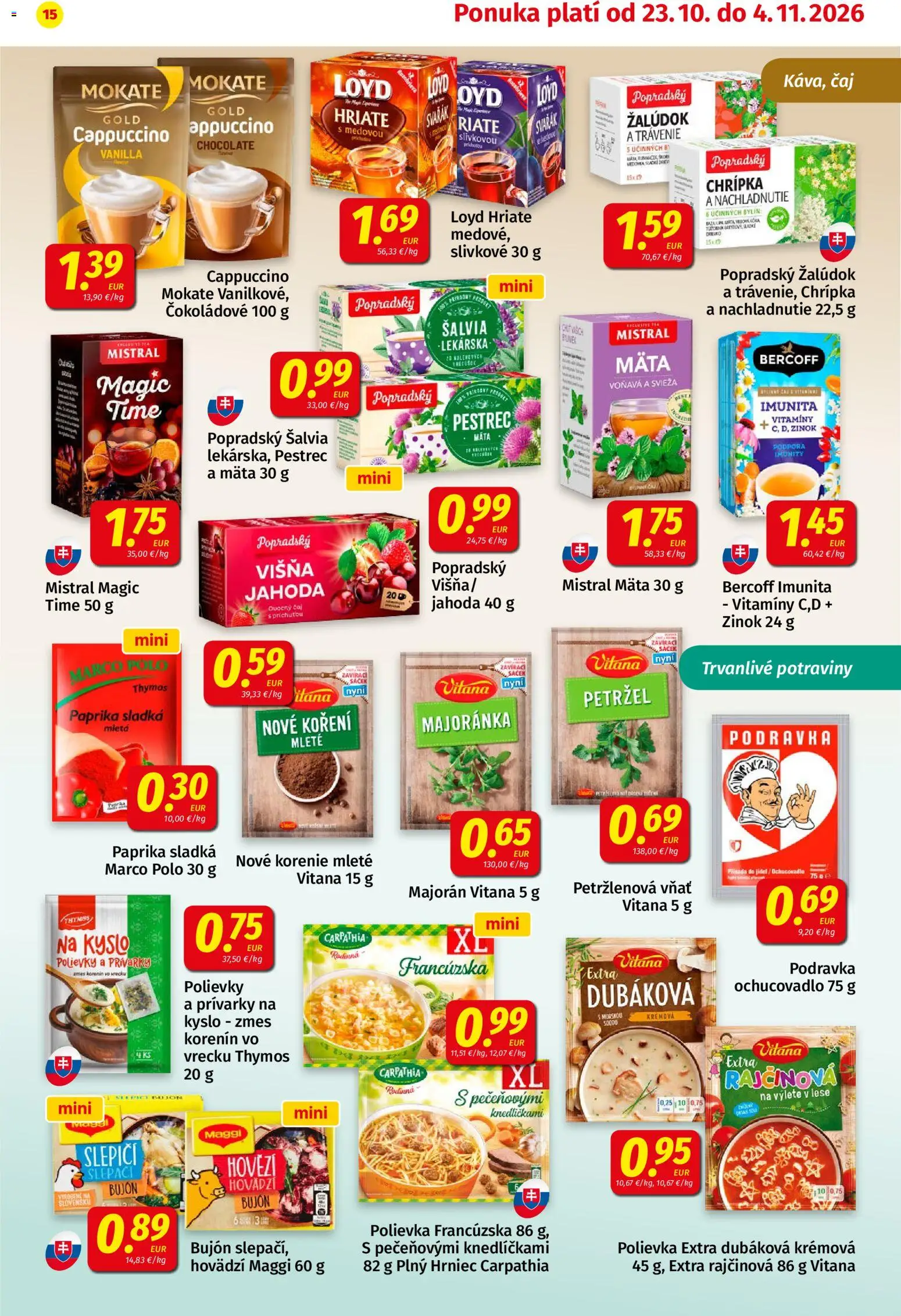 Náhľad Koruna letáku platného od 23.10.2026 - Polievky, Paprika, Čaj, Cappuccino, Korenie, Majorán, Bujón