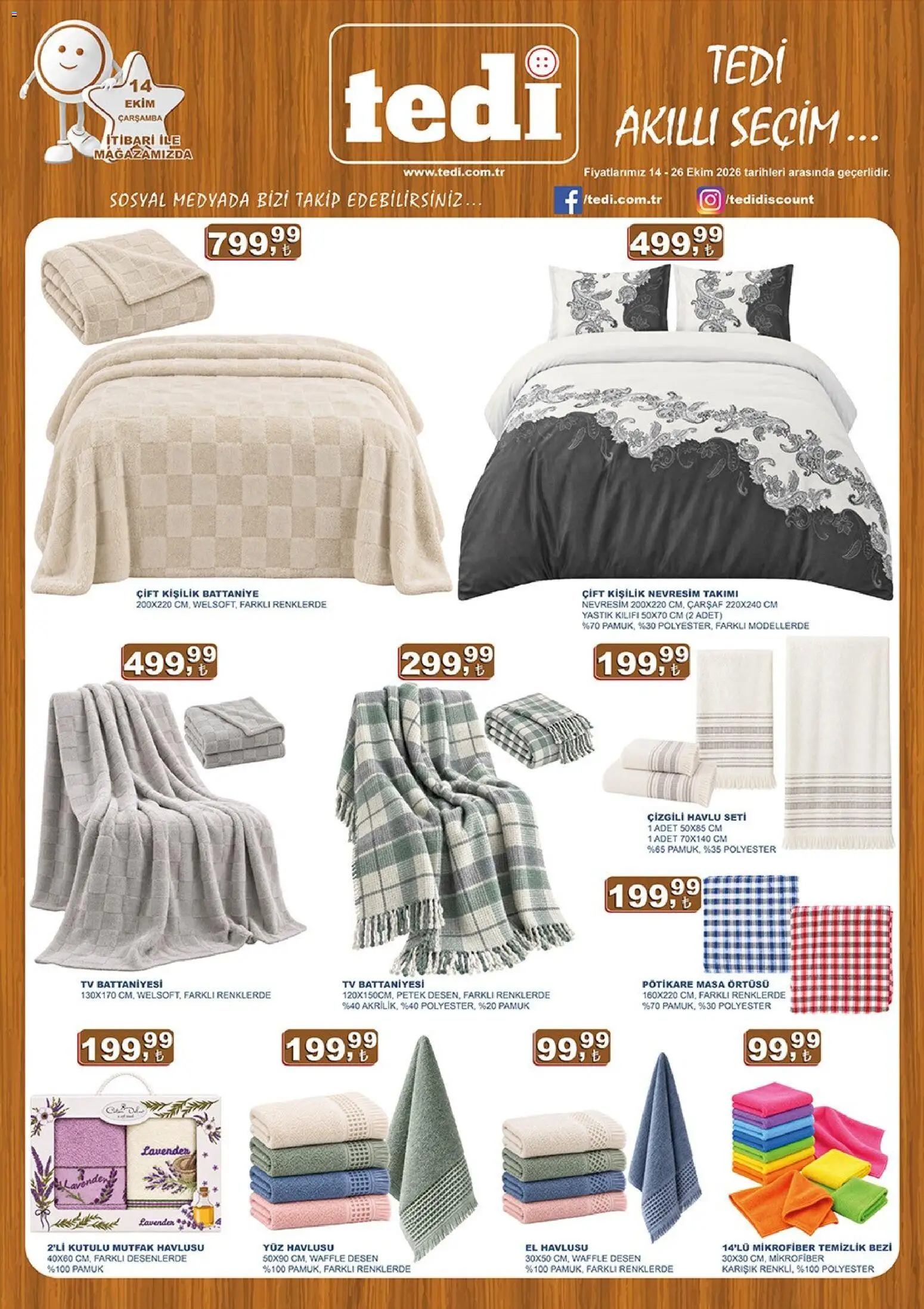Tedi Tedi Katalog 14.10.2026 - Broşürünün önizlemesi - TV, Masa, Battaniye, Yastık, Masa örtüsü, Çarşaf, El havlusu, Yüz havlusu