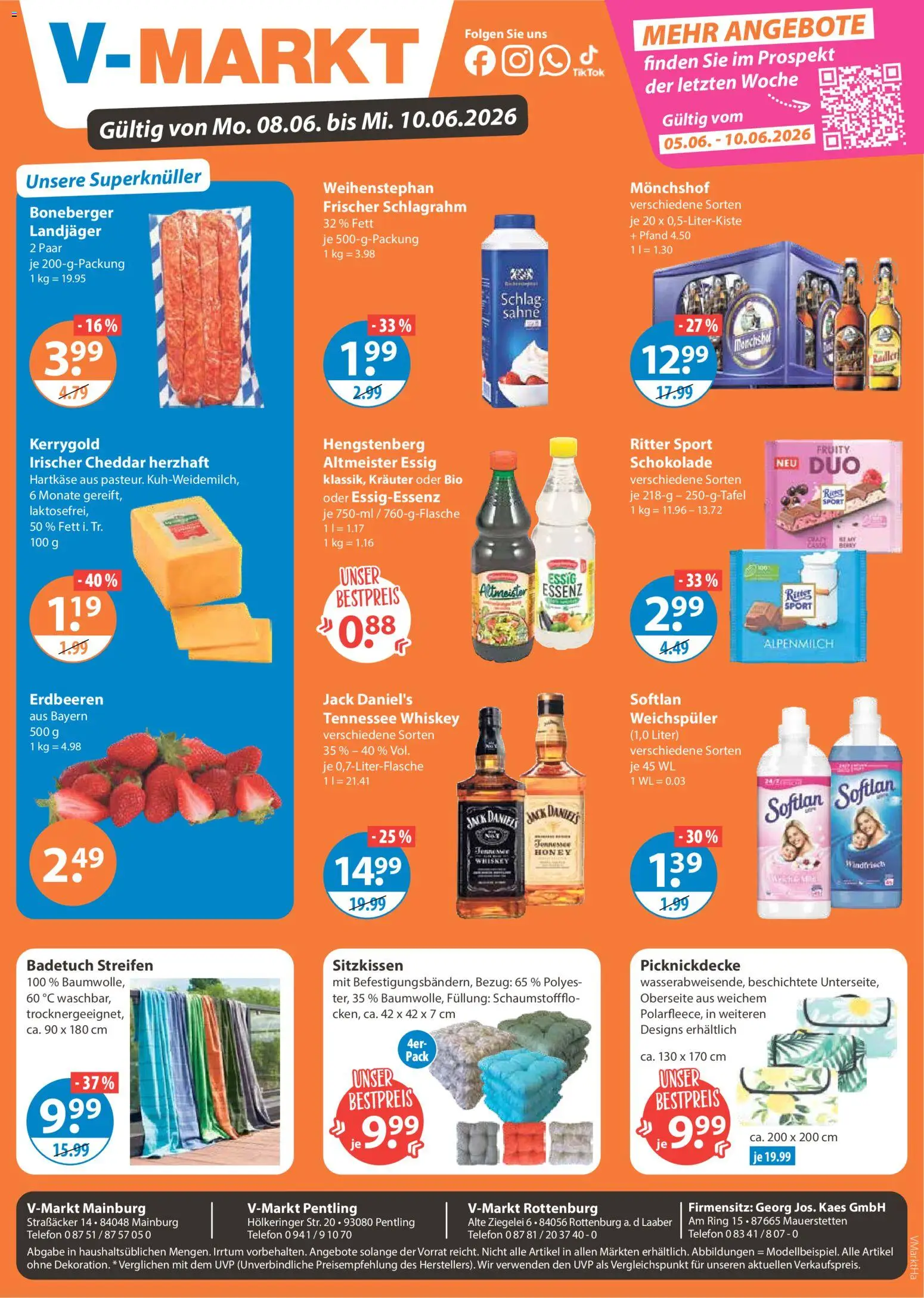 Vorschau von dem Prospekt des Geschäftes V-Markt, gültig ab dem 08.06.2026 - Telefon, Schokolade, Erdbeeren, Sahne, Essig, Weichspüler, Monchshof, Jack Daniel's