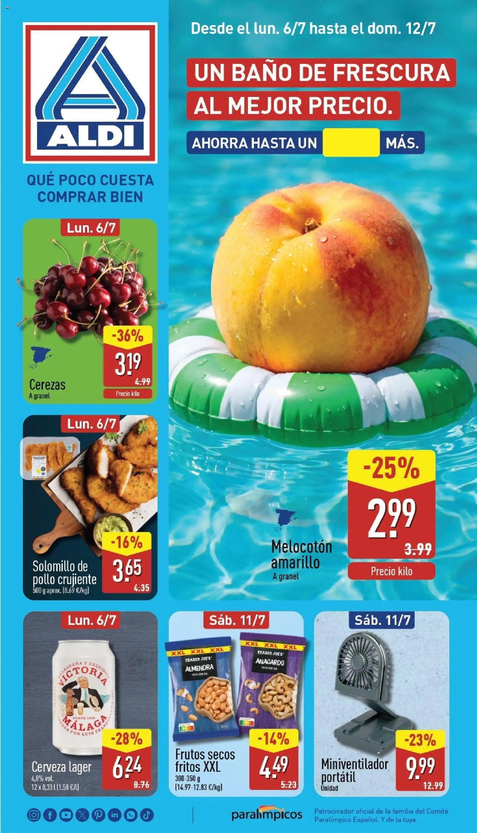 Vista previa del folleto de la tienda Aldi válido desde el 06/07/2026 - Baño, Cerveza, Portátil, Frutos secos, Melocotón amarillo, Pollo