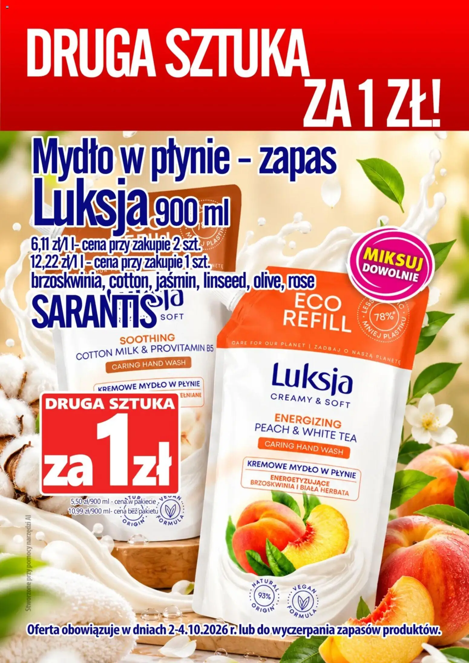 Pogląd gazetki "Prim Market promocje - Mydło w płynie Luksja" ze sklepu Prim Market ważnej od 02.10.2026 - Herbata, Brzoskwinia, Biała herbata, Mydło, Mydło w płynie, Kremowe mydło w płynie