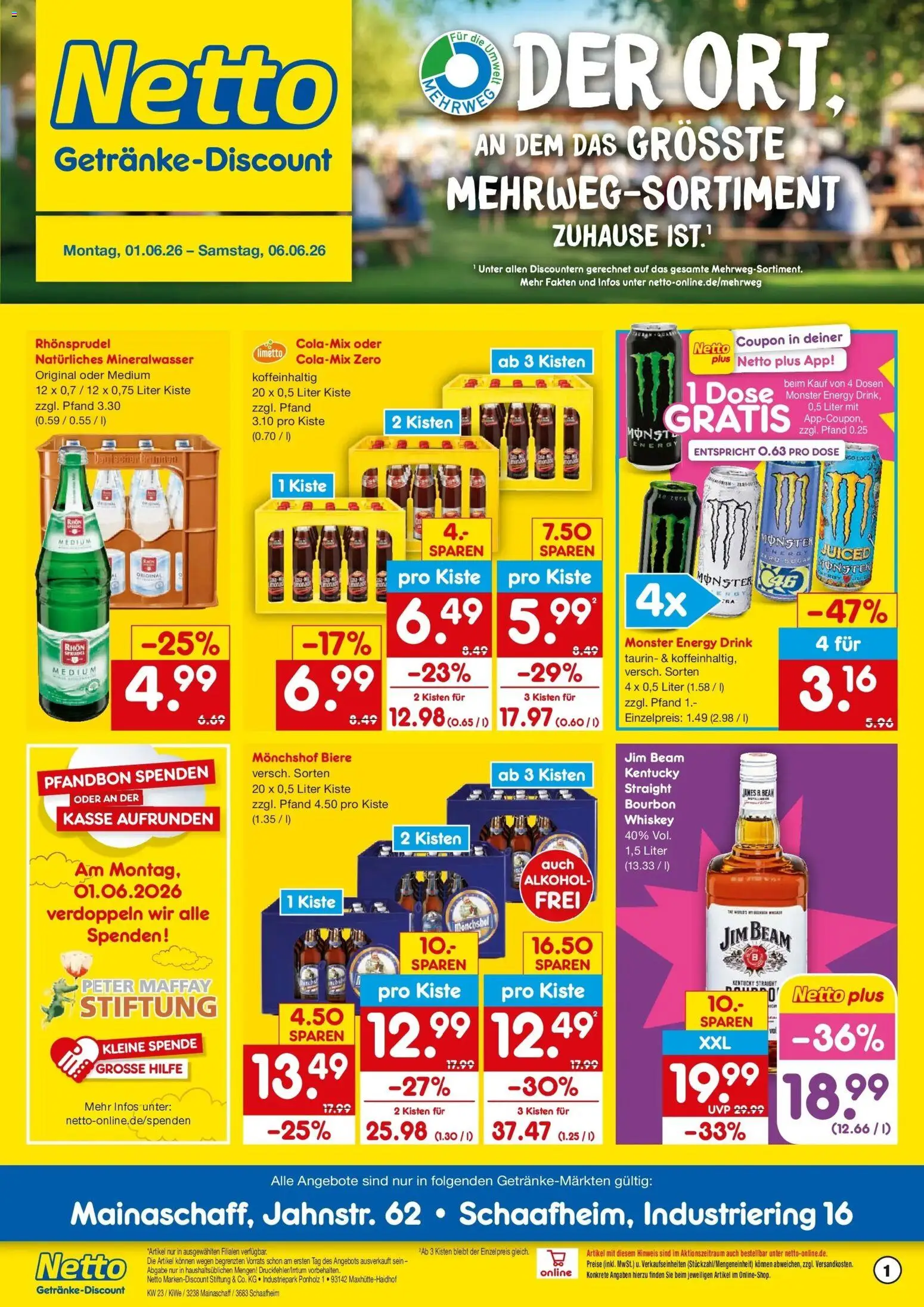 Vorschau von dem Prospekt des Geschäftes Netto Marken-Discount, gültig ab dem 01.06.2026 - Monster, Mineralwasser, Alkohol, Whiskey, Jim beam, Bourbon, Monchshof, Rhonsprudel