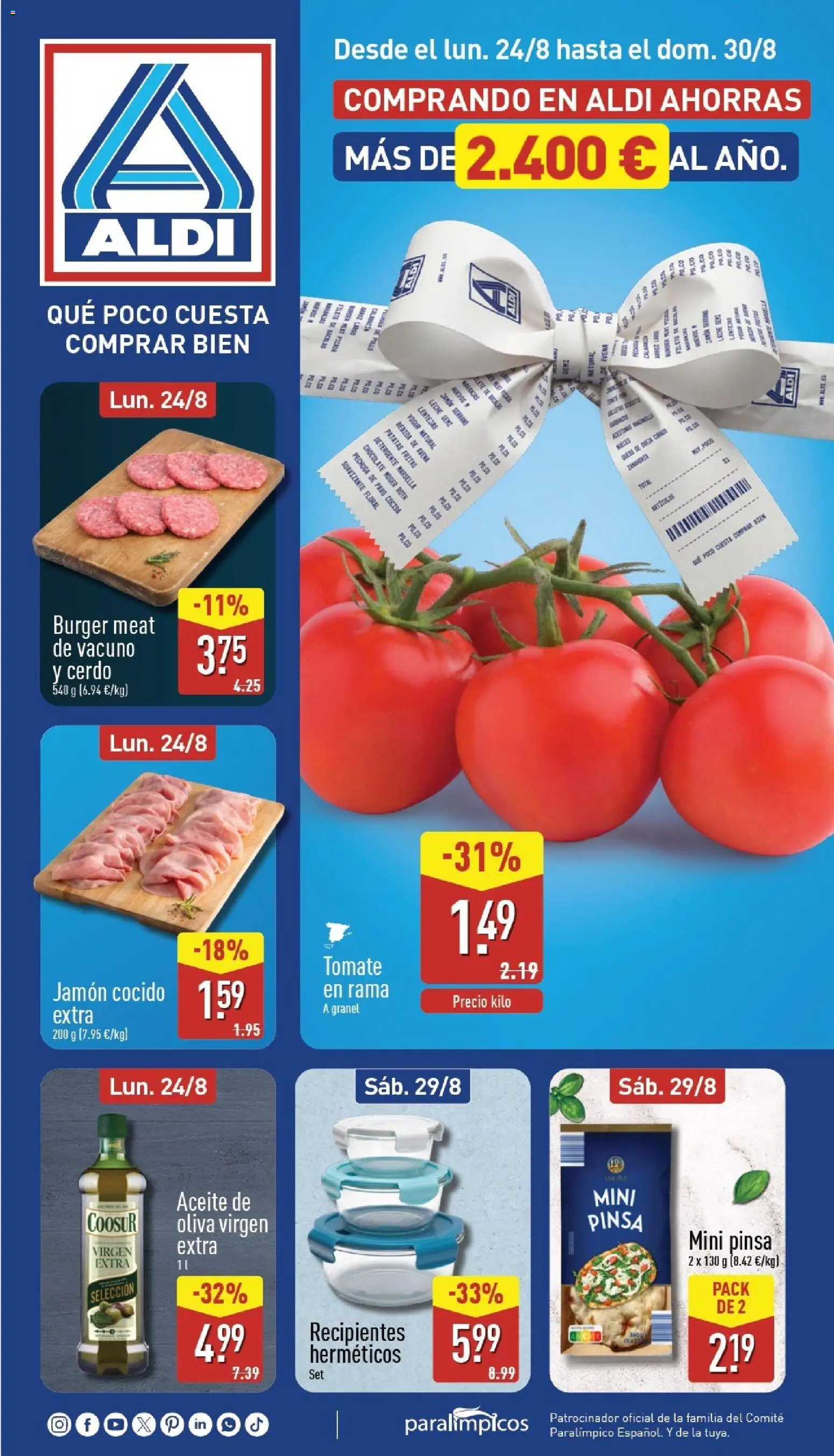 Vista previa del folleto de la tienda Aldi válido desde el 24/08/2026 - Pizza, Aceite de oliva, Lentejas, Tomate, Aceite de oliva virgen extra, Leche, Patatas fritas, Jamón cocido