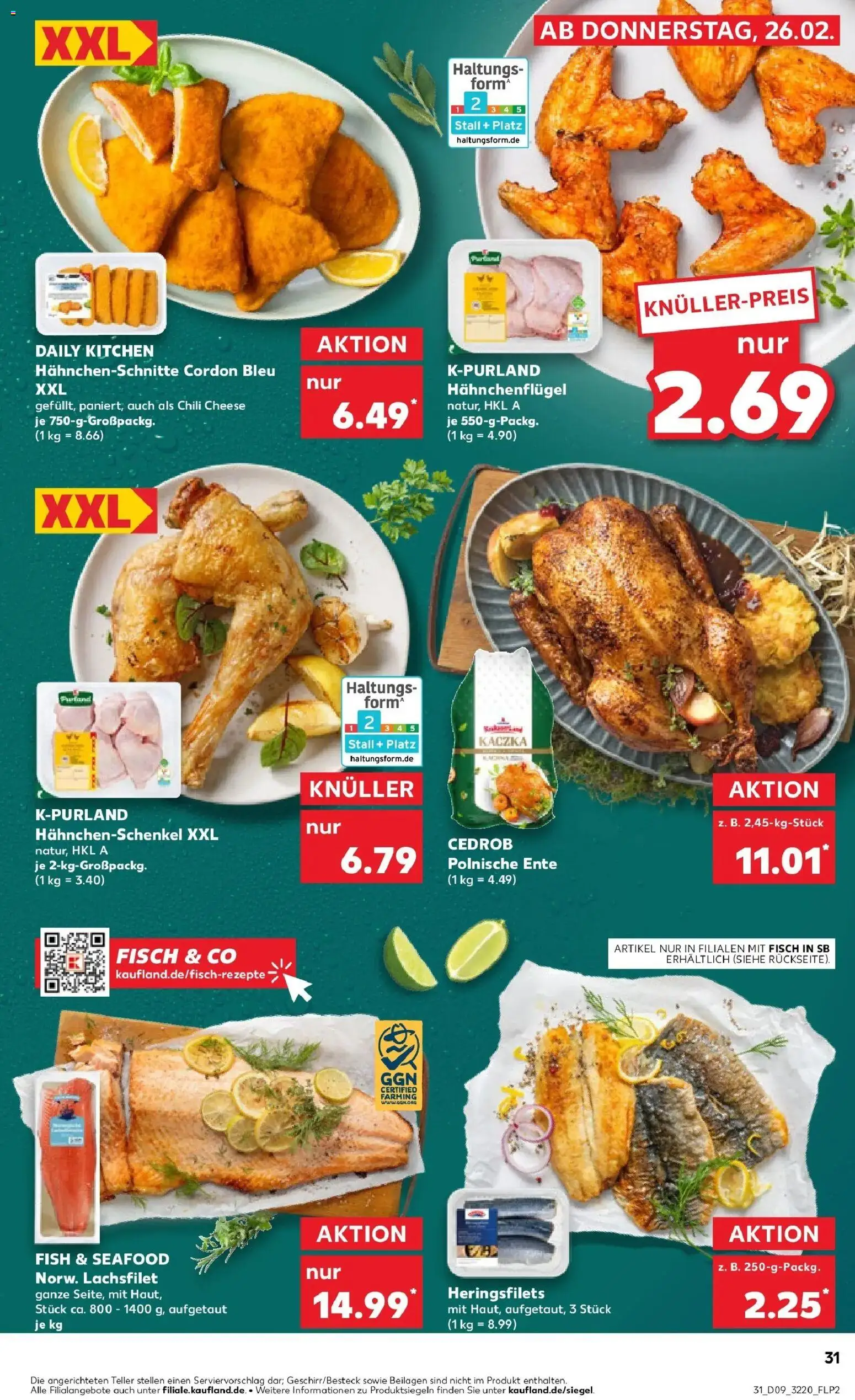 Vorschau von dem Prospekt des Geschäftes Kaufland, gültig ab dem 26.02.2026 - Fisch, Ente, Chili, Hahnchenschenkel, Beilagen