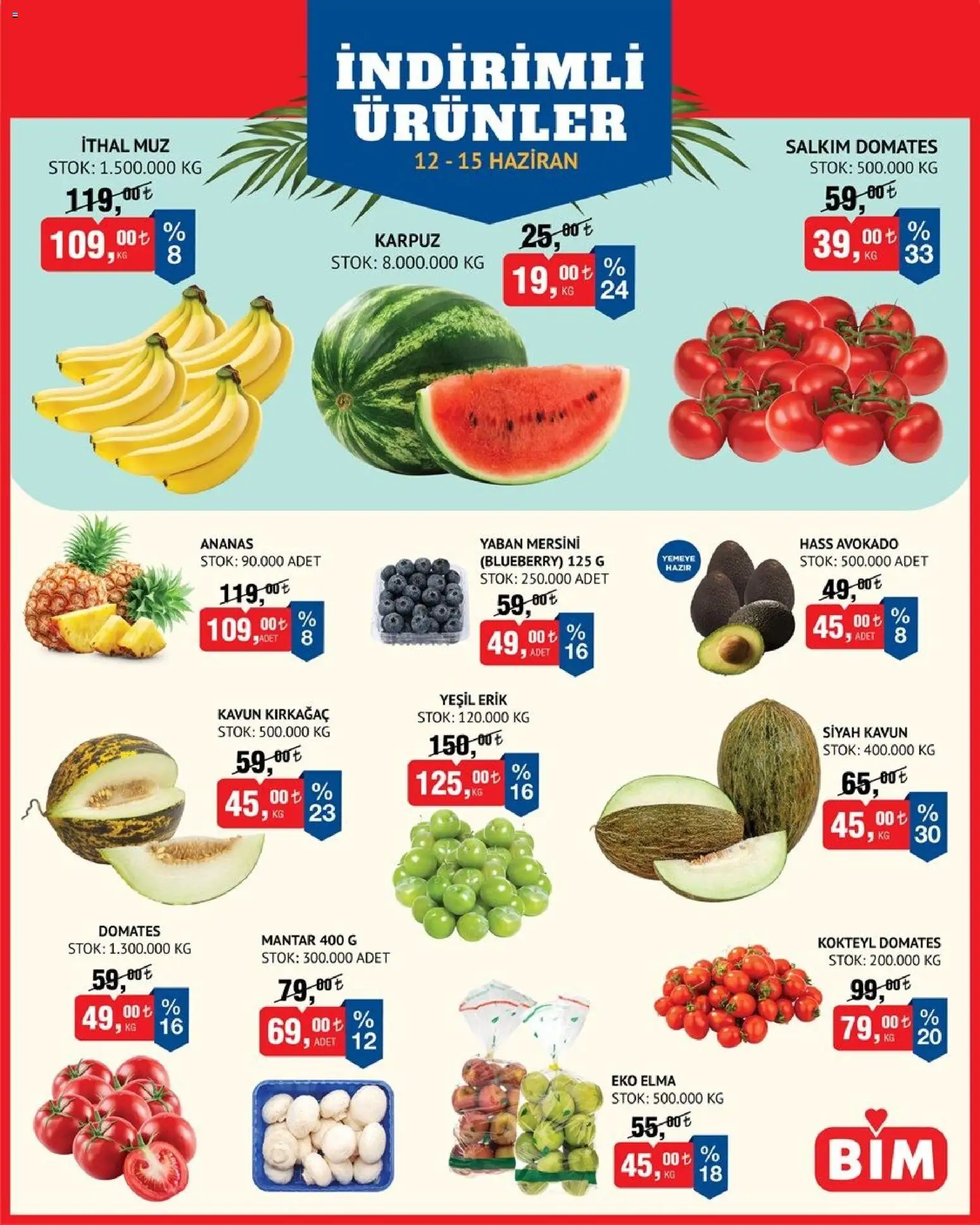 BİM BİM - Meyve Sebze, İndirim 12.06.2026 - Broşürünün önizlemesi - Ananas, Avokado, Karpuz, Mantar, Elma, Domates, Muz, Kavun