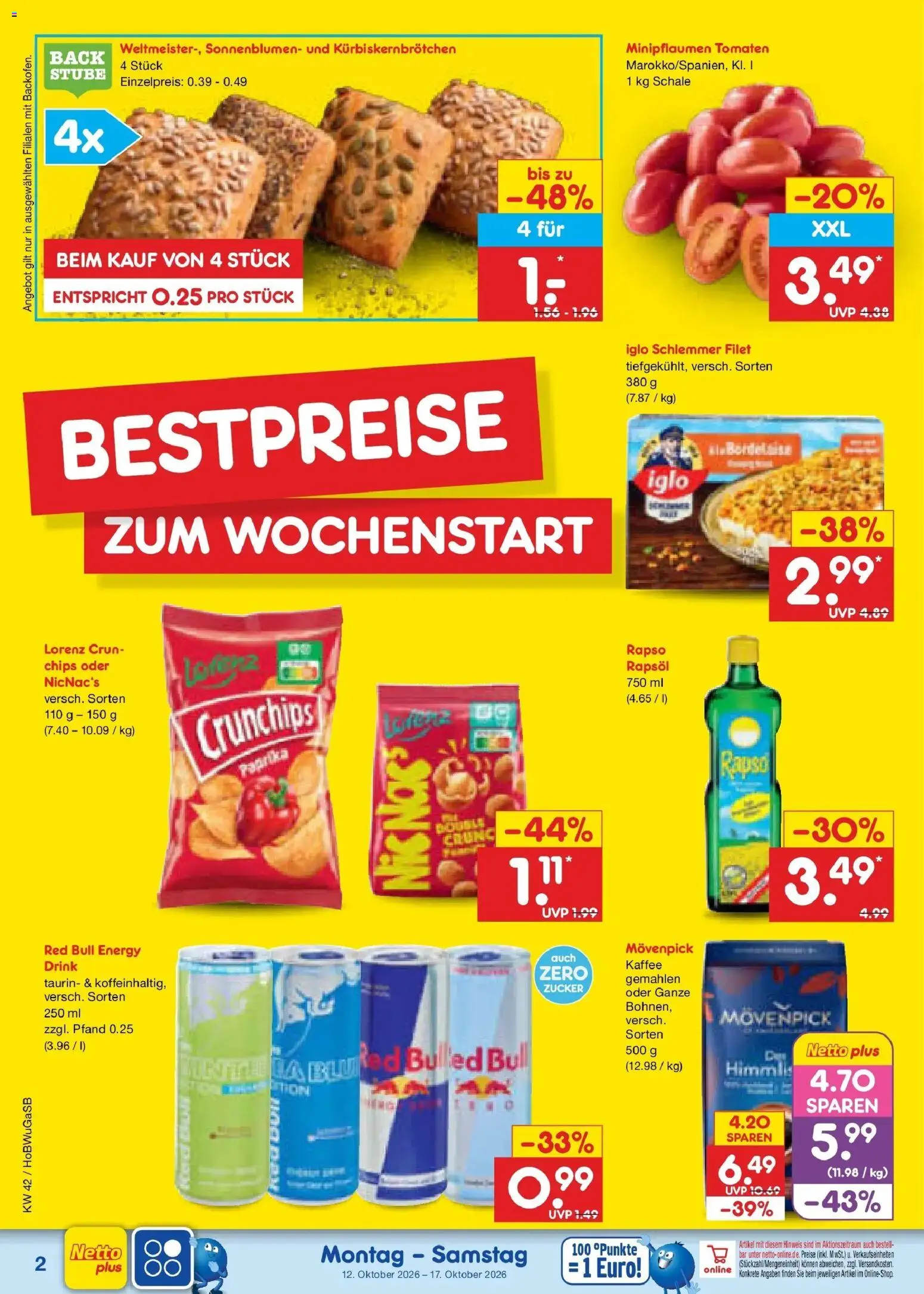 Vorschau von dem Prospekt des Geschäftes Netto Marken-Discount, gültig ab dem 12.10.2026 - Kaffee, Chips, Red bull, Paprika, Energy, Rapsöl, Tomaten, Iglo