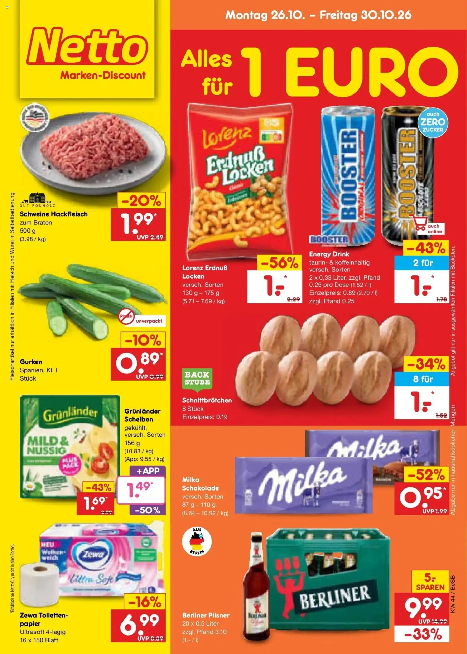 Vorschau von dem Prospekt des Geschäftes Netto Marken-Discount, gültig ab dem 28.10.2026 - Wurst, Milka schokolade, Hackfleisch, Berliner, Milka, Gurken, Energy, Berliner pilsner