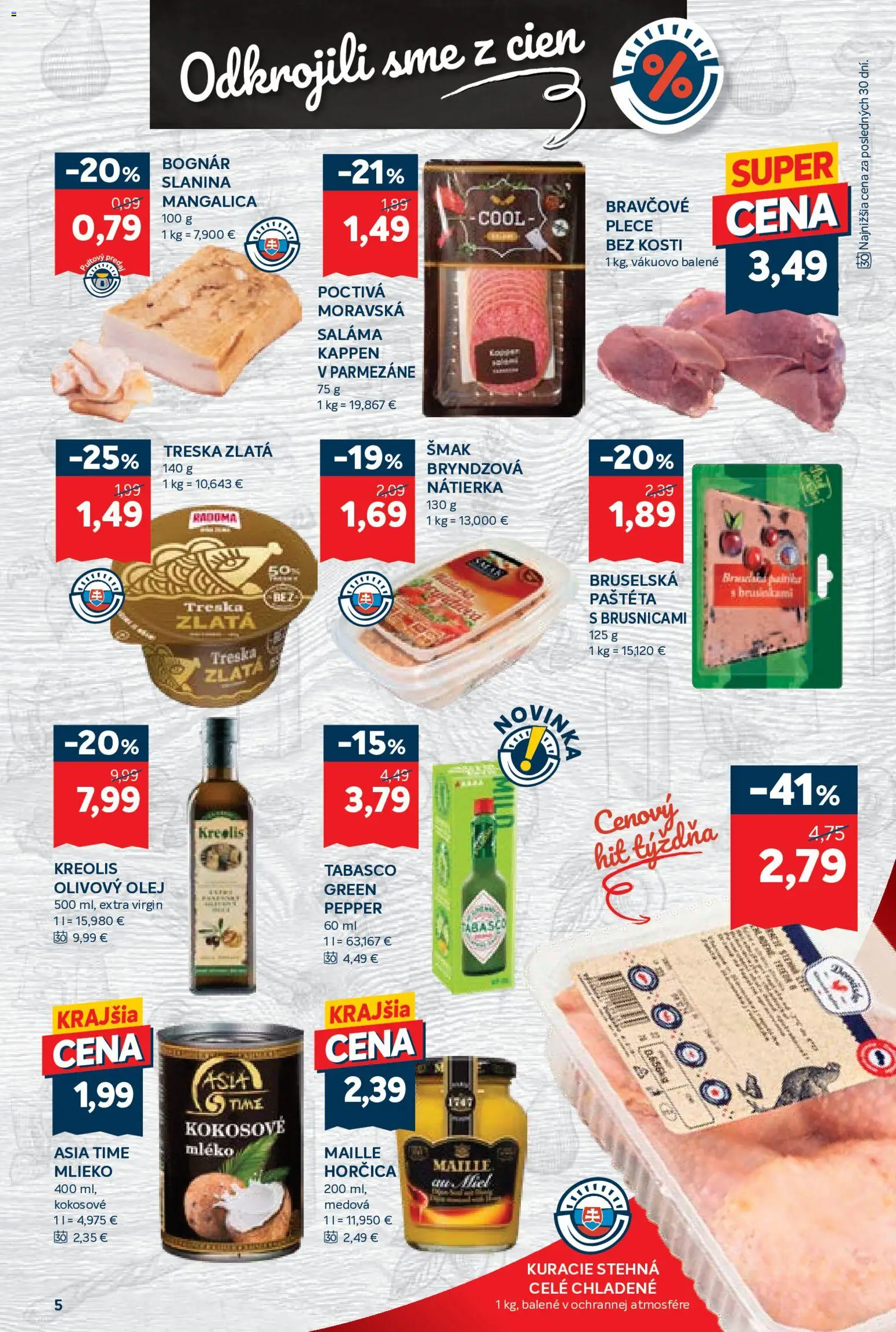 Náhľad Kraj letáku platného od 29.10.2026 - Olej, Mlieko, Treska, Olivový olej, Horčica, Saláma, Paštéta, Stehná